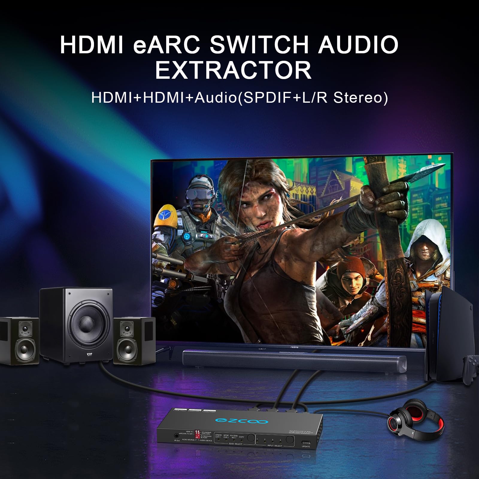 4K@120Hz Hdmi 2.1 Switch 4 In 1 Out With Audio Extractor Vrr Allm Hdcp2.3 Arc Earc Hdr Cec Spdlf Optical And 3.5Mm Audio Out D O