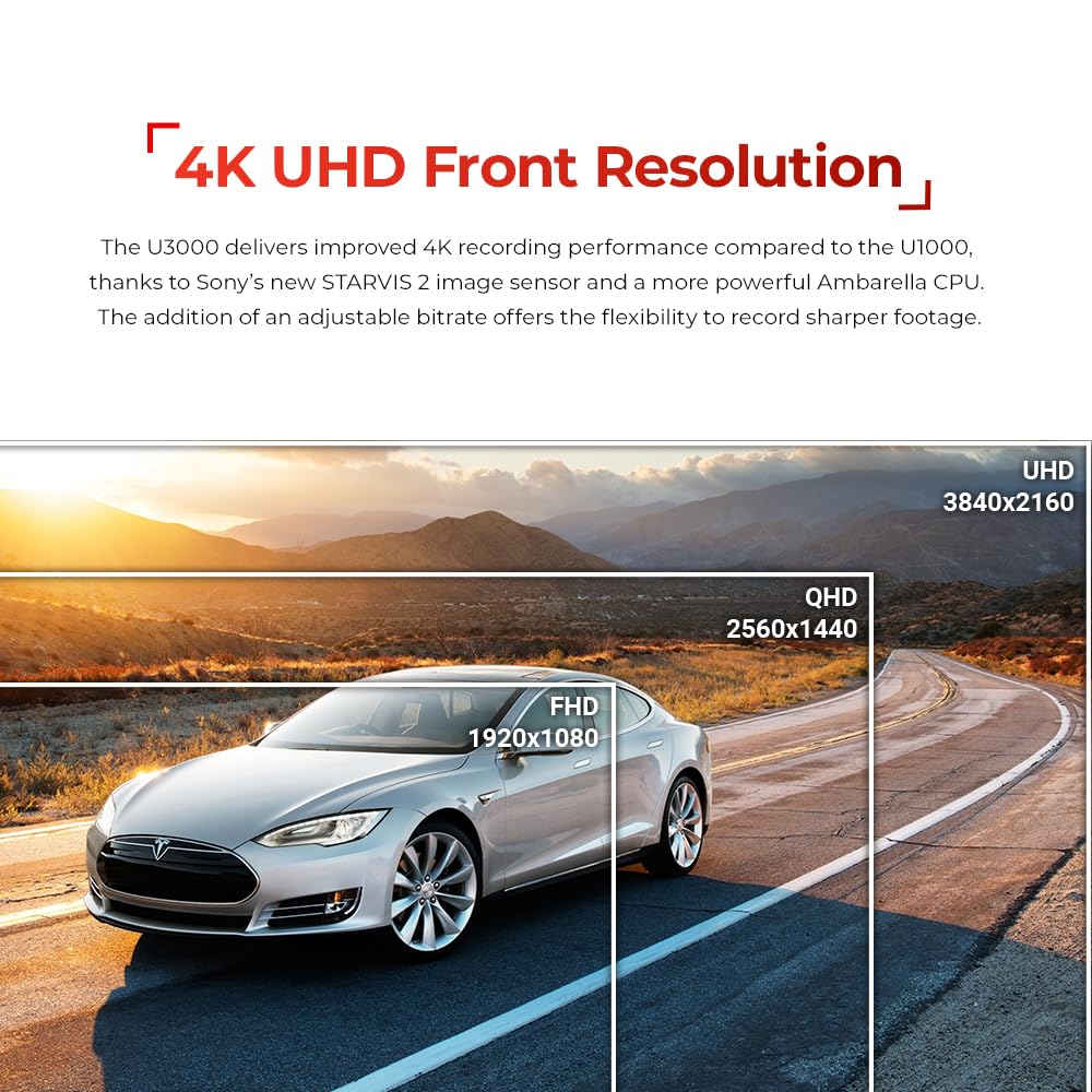 Thinkware U3000, 4K Front Dash Cam, Starvis 2 Sensor Super Night Vision, Car Camera 5Ghz Wi-Fi Gps Radar Buffered Parking Mode,