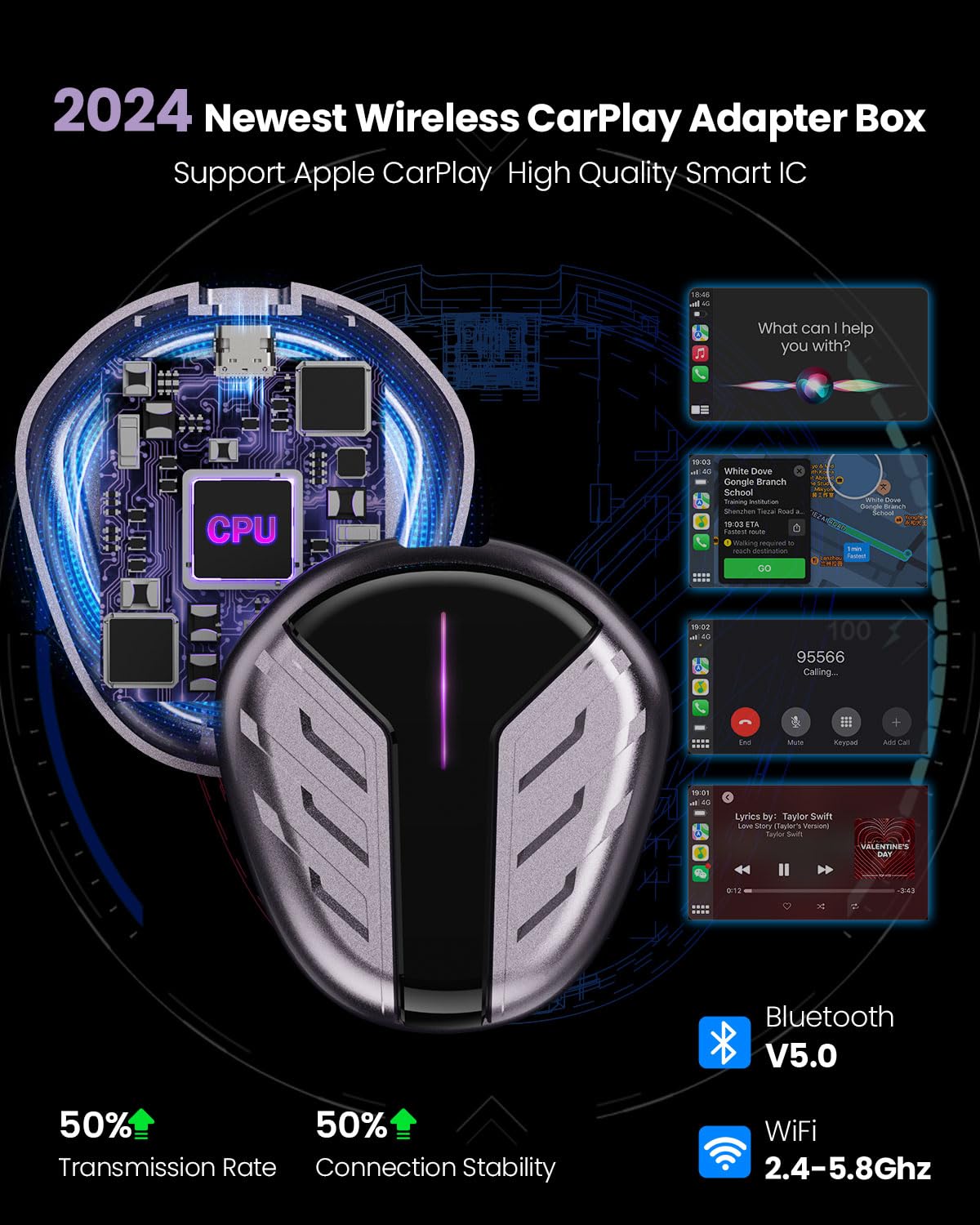 Wireless Carplay Adapter For Apple, Converts Factory Wired Carplay To Wireless, 2024 Upgrade Apple Carplay Plug & Play, Compatib