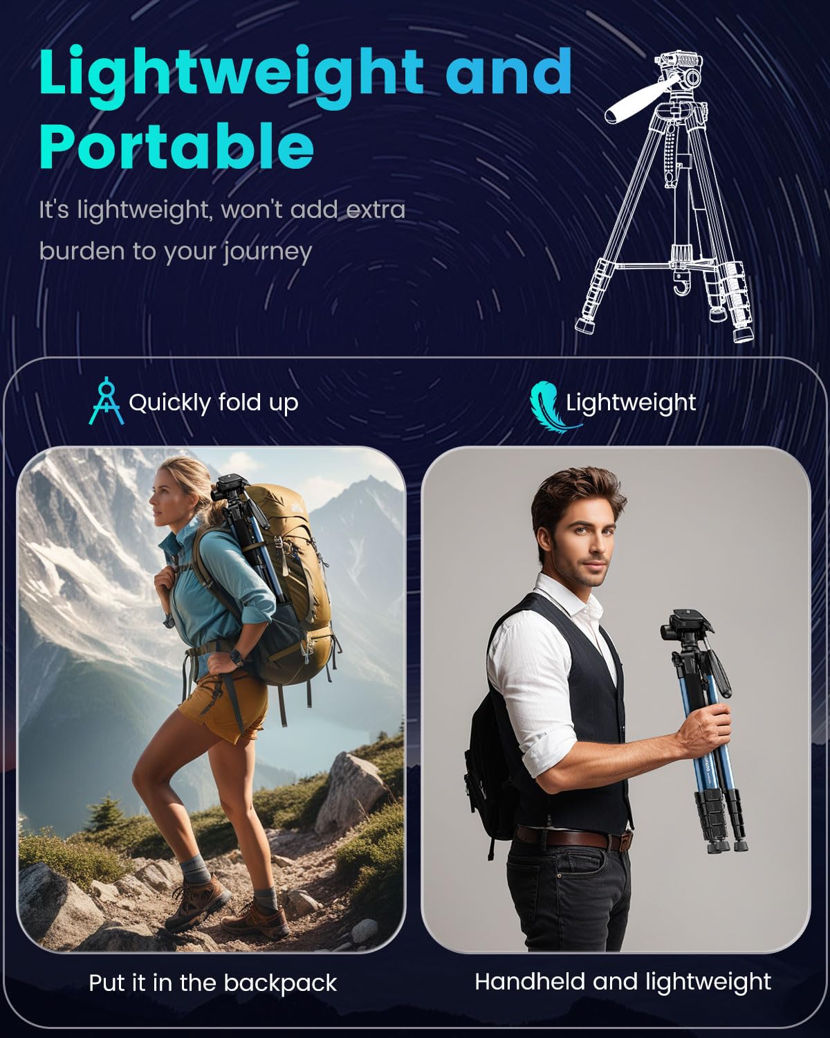 Cambofoto 74'' Camera Tripod, Navy Blue Porfessional Aluminum Heavy Duty Tripod Stand For Mirrorless Camera/Dslr/Cell Phone/Camc