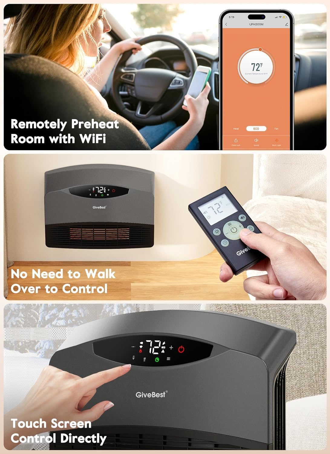 Givebest Smart Wall Heater With Wifi And Remote Control, 1500W Space Heater For Bedroom, Floor Or Wall Mounted Heater, 3 Heating