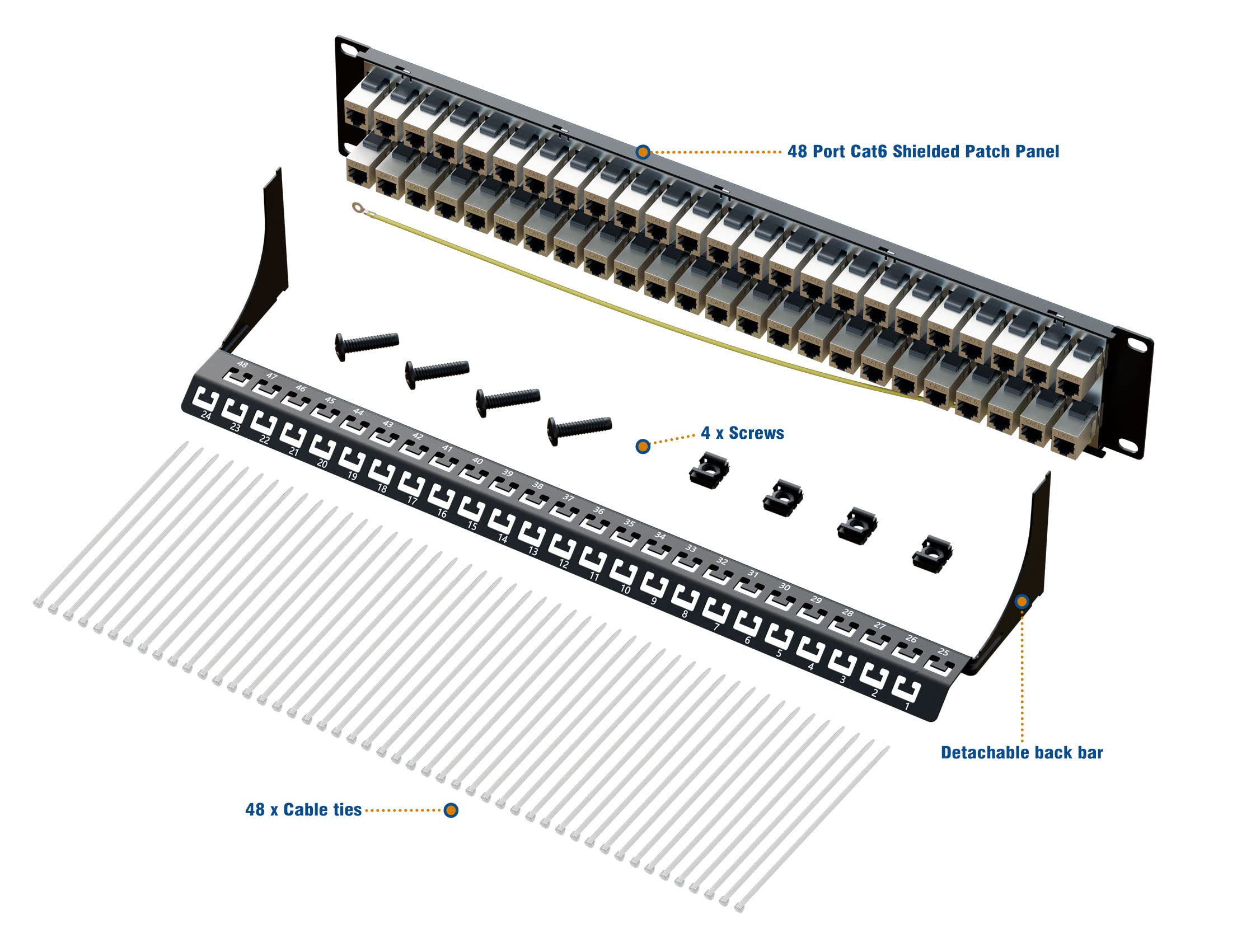 Iwillink 10Gbps Patch Panel 48 Port, Rj45 Through Coupler 2U Cat6 Shielded Patch Panel Stp 19 Inch With Back Bar, Wallmount Or R