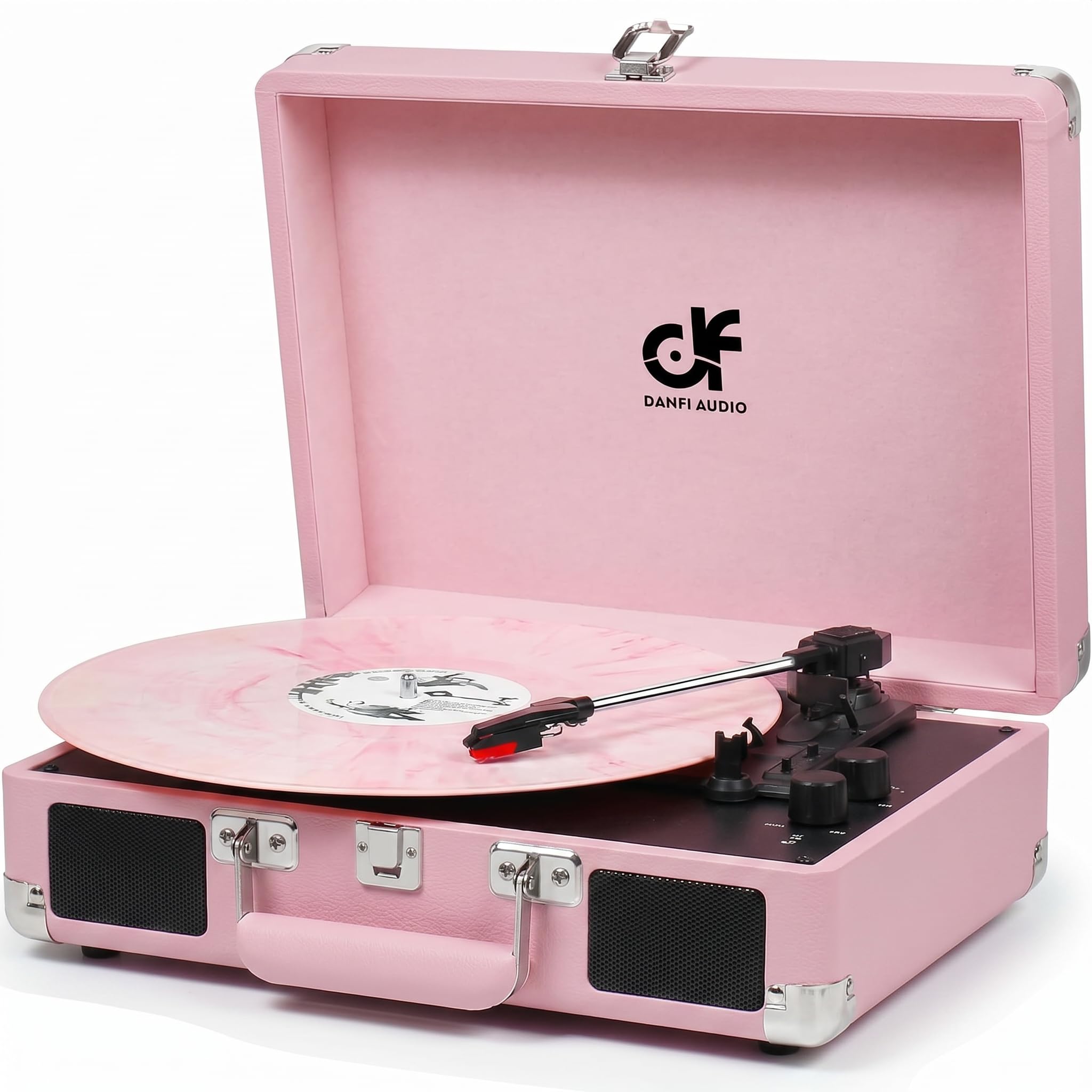 Pink Suitcase Record Player with Built-in Speakers, 3-Speed Vinyl Turntable with Bluetooth Input, Auto Stop, RCA Out, AUX in, He