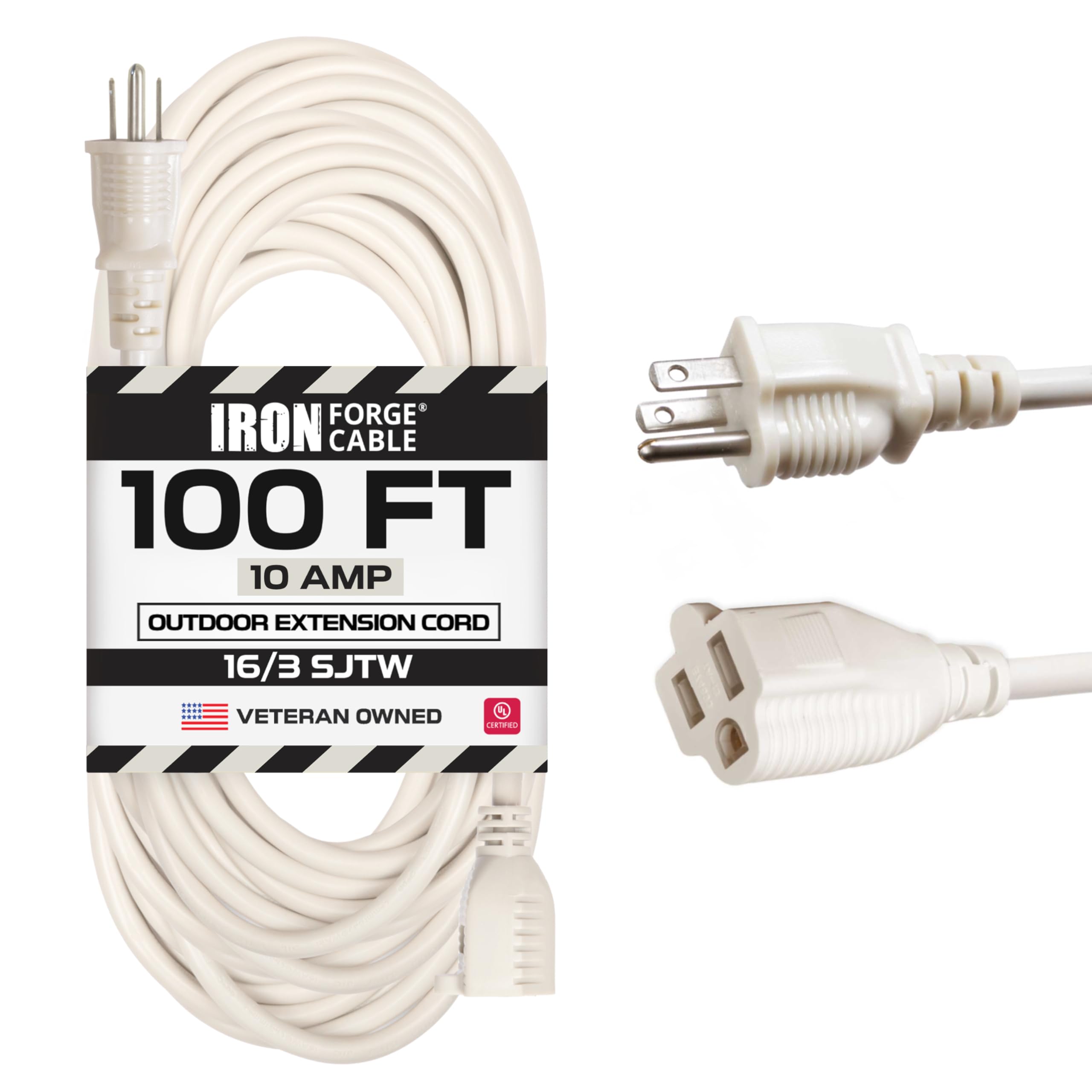 Iron Forge Cable 100 Ft Beige Outdoor Extension Cord   16/3 Sjtw 100Ft Extension Cord 3 Prong, 10 Amp All Weather Heavy Duty Pow