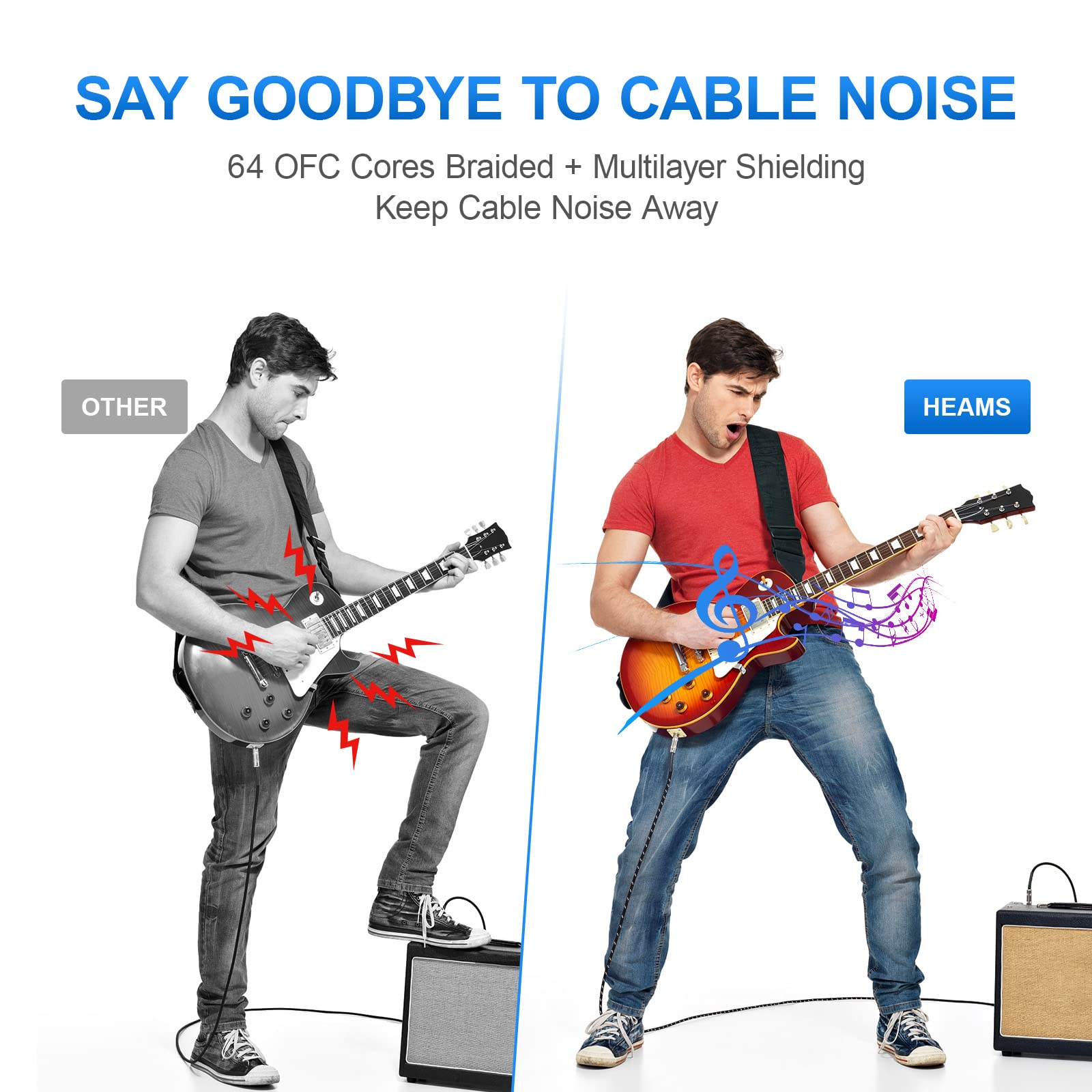 Heams Premium 20 Ft Guitar Cable, 1/4 Inch Instrument Cable  Noise Free And Long Lasting Guitar Chord  Amp Cord For Bass, Electr