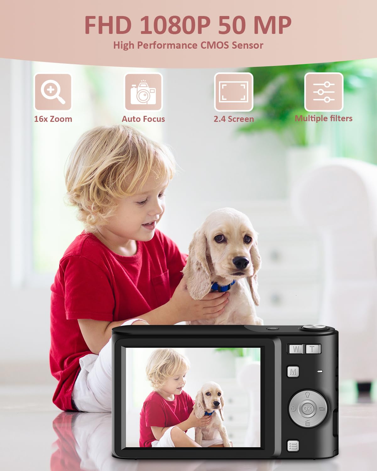 Upgrade Digital Camera, Autofocus 50Mp Fhd 1080P Camera For Kids With 16X Zoom Anti Shake, Compact Camera For Kid Student Childr