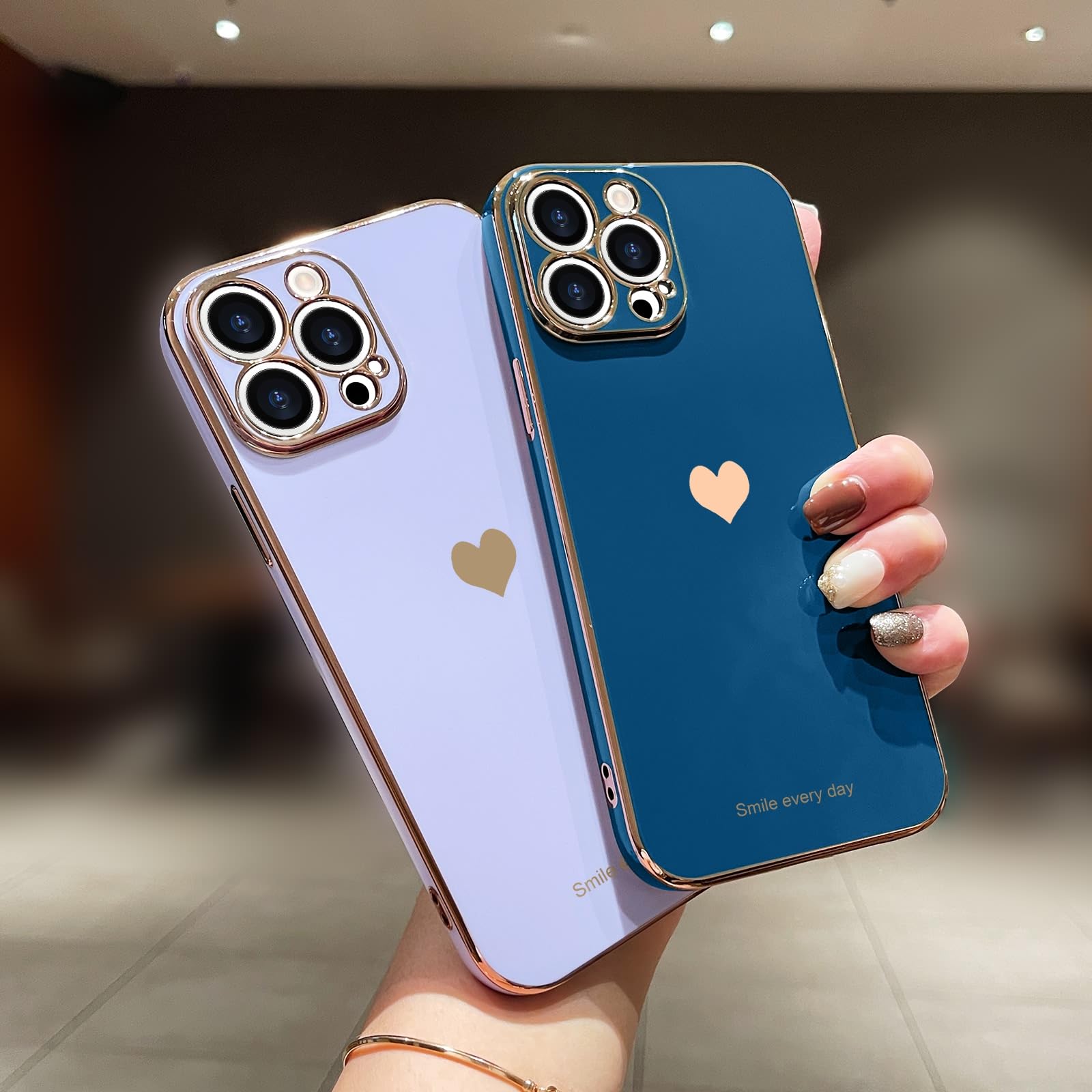 Teageo Compatible With Iphone 13 Pro Case For Girl Women Cute Love Heart Luxury Plating Soft Back Cover Raised Camera Protection