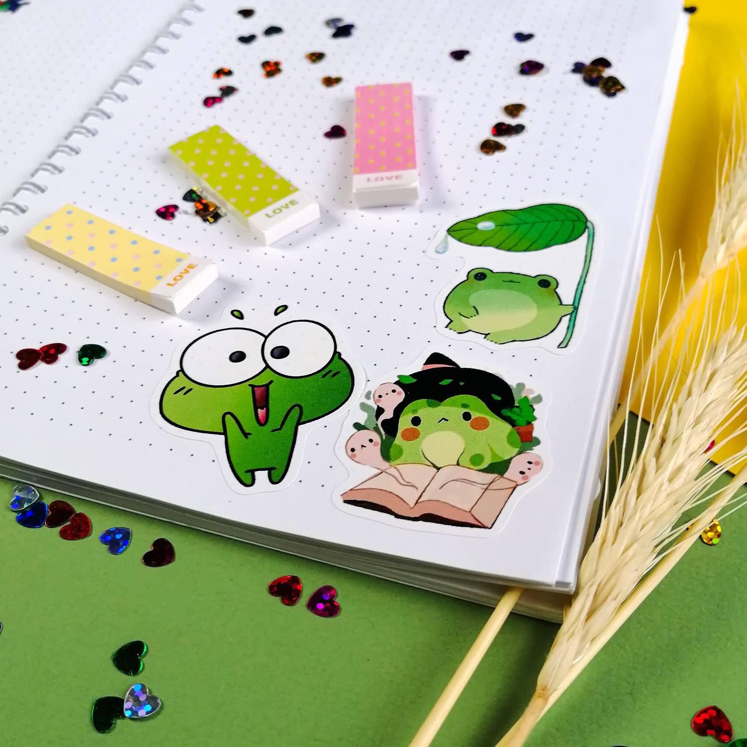 Bulbacraft Kawaii Frogs Stickers Set, 50 Pcs Green & White Vinyl Decals For Kids, Waterproof, Scratch Resistant, Indoor Usage, S