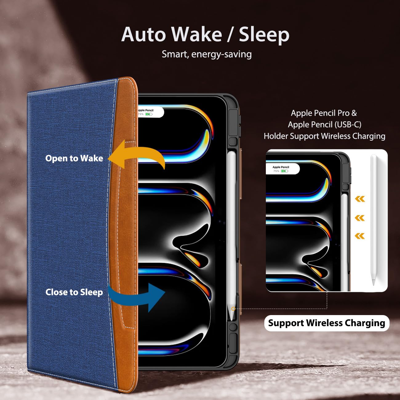 MoKo for iPad Pro 13 Inch Case 2024 (M4) with Pencil Holder & Pocket, Built in Hand Strap, Multi Angle Viewing, Premium PU Leather Folio Cover for iPad Pro 13 2024, Denim Blue & Brown