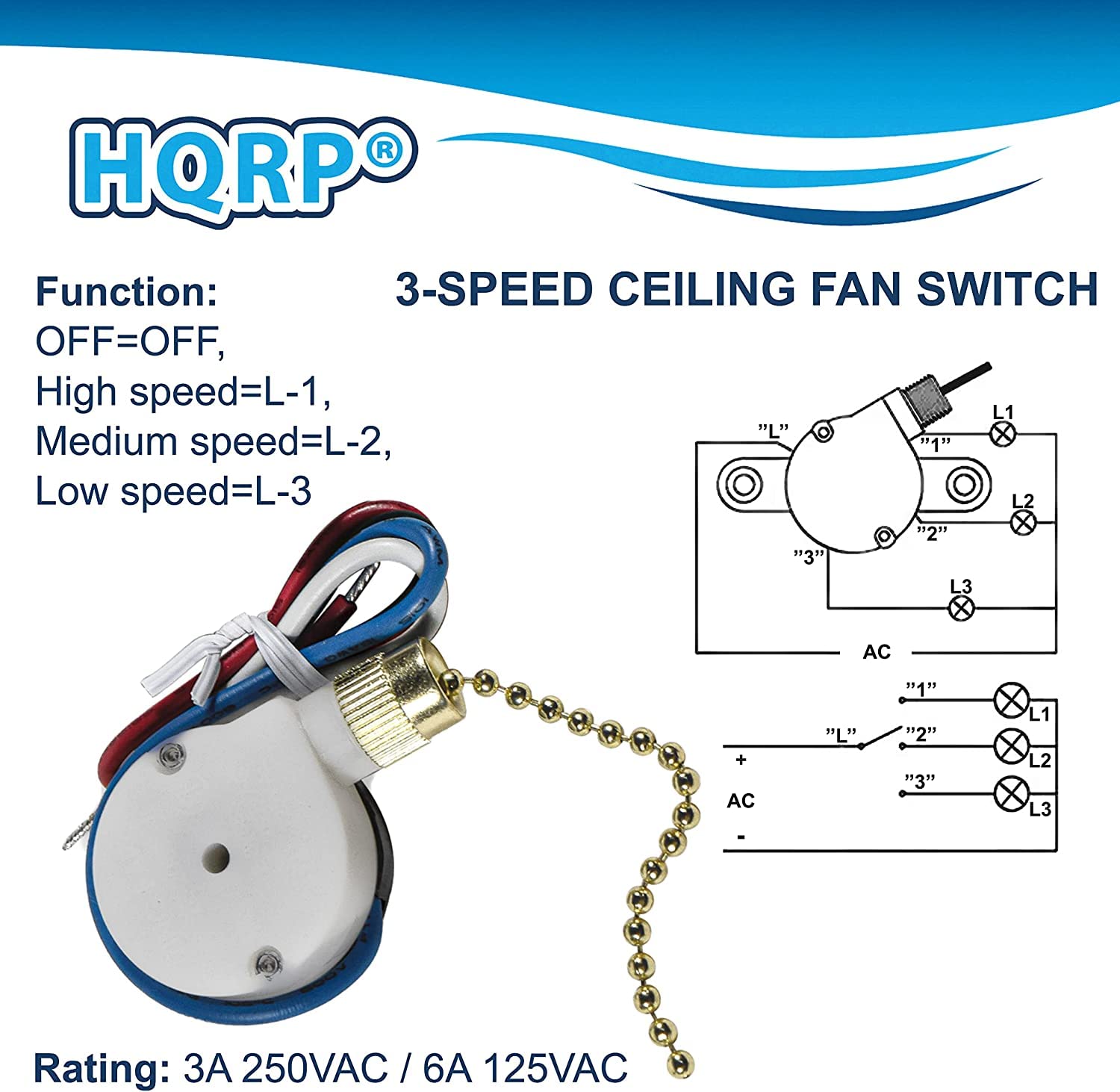 Hqrp 2 Pack 3 Speed 4 Wire Switch Compatible With Hunter, Hampton Bay, Harbor Breeze, Westinghouse Ceiling Fan Pull Chain Light