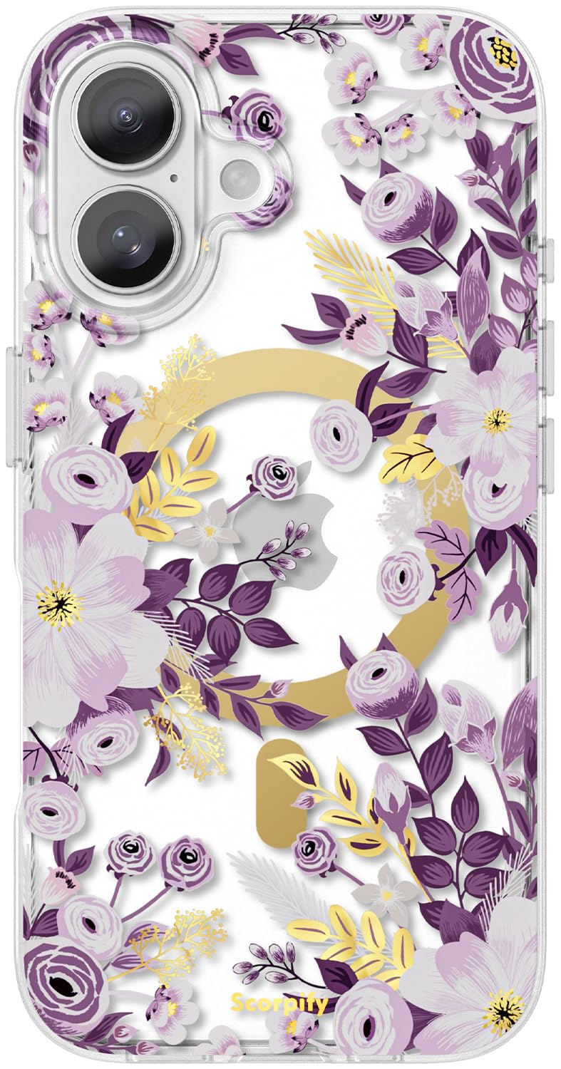 Scorpify For Iphone 16 Plus Case [Compatible With Magsafe] With Purple Nemophila Floral Design, Cute Clear Flower Magnetic Phone