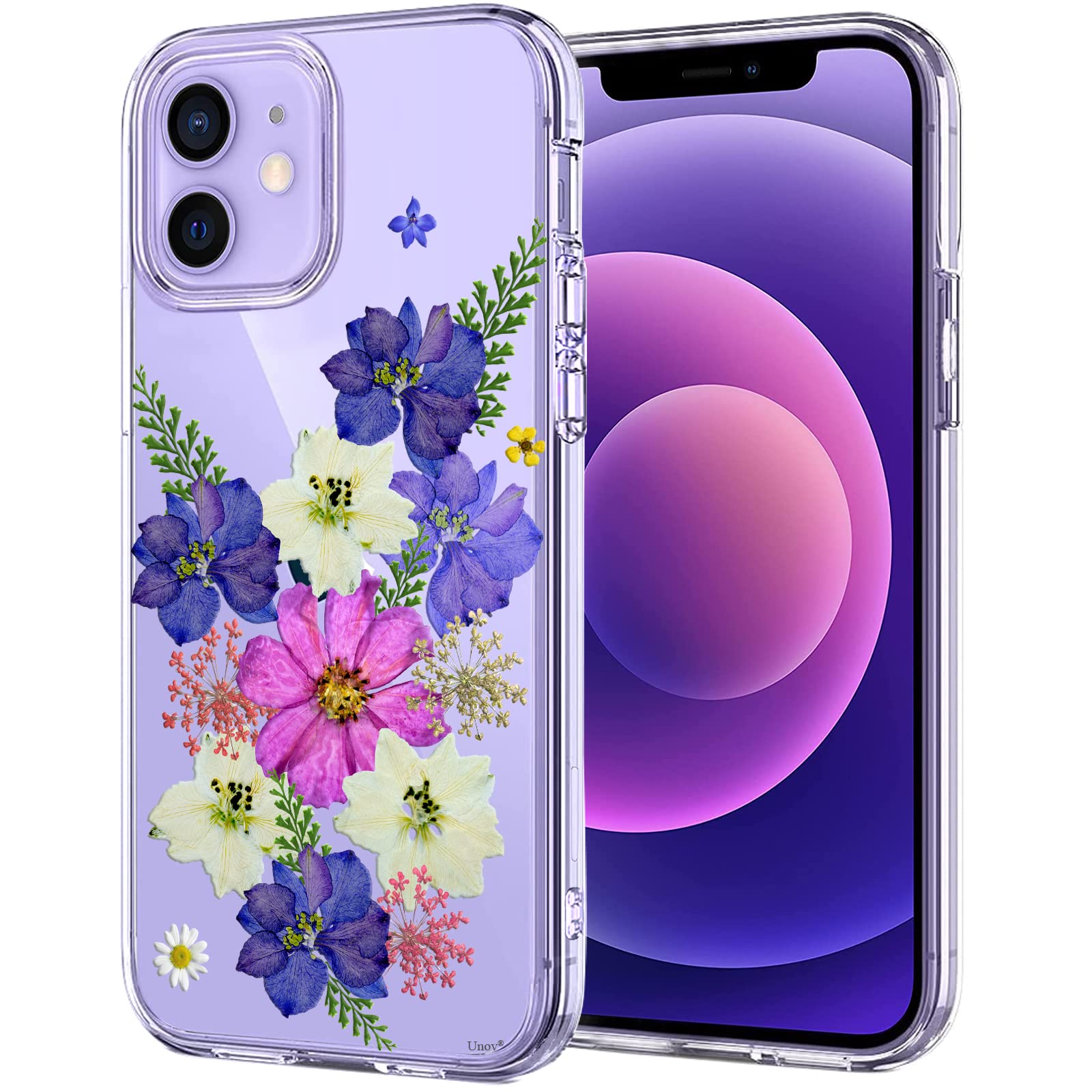 Unov Case Compatible With Iphone 12 Mini Case Clear With Design Slim Protective Soft Tpu Bumper Embossed Flower Pattern 5.4 Inch