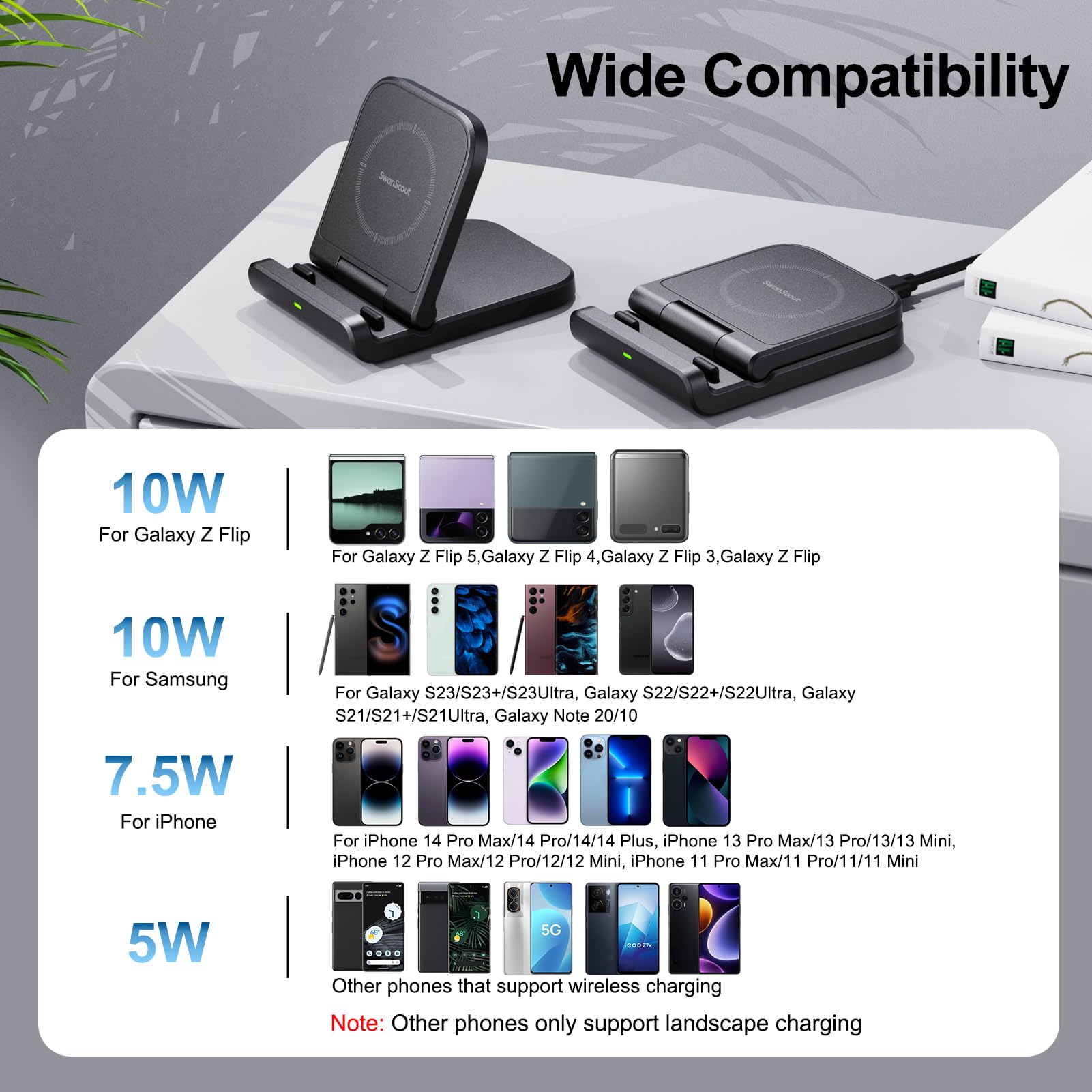 Swanscout Wireless Charger For Samsung Z Flip, Swanscout 501S, Foldable Fast Wireless Charging Stand For Galaxy Z Flip 5/Z Flip