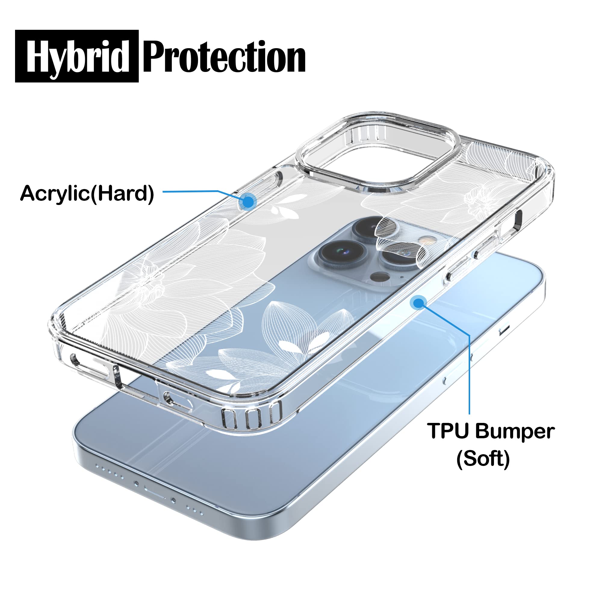 RANZ iPhone 13 Pro (6.1") Anti-Scratch Shockproof Clear Acrylic TPU Phone Case White Lace Chrysanthemum