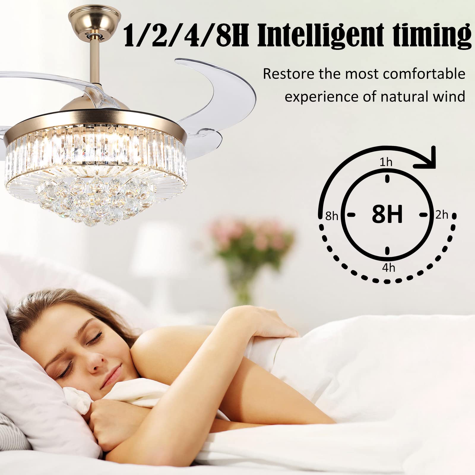 Wwahuayuan 42'' Ceiling Fans With Lights,Reversible Modern Crystal Ceiling Fans Light With Remote Control,3 Color Changeable, 3