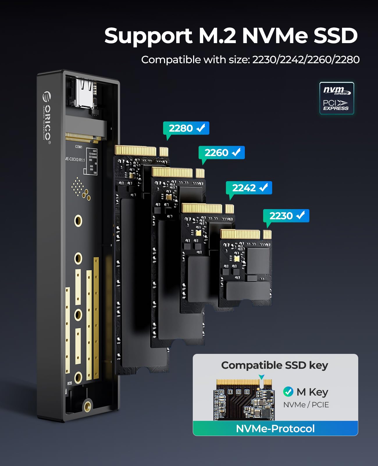 ORICO M.2 NVMe SSD Enclosure, USB 3.1 Gen 2 (10 Gbps) to NVMe PCI E M.2 SSD Case Support UASP for NVMe SSD Size 2230/2242/2260/2280(up to 4TB) (M.2 NVMe)