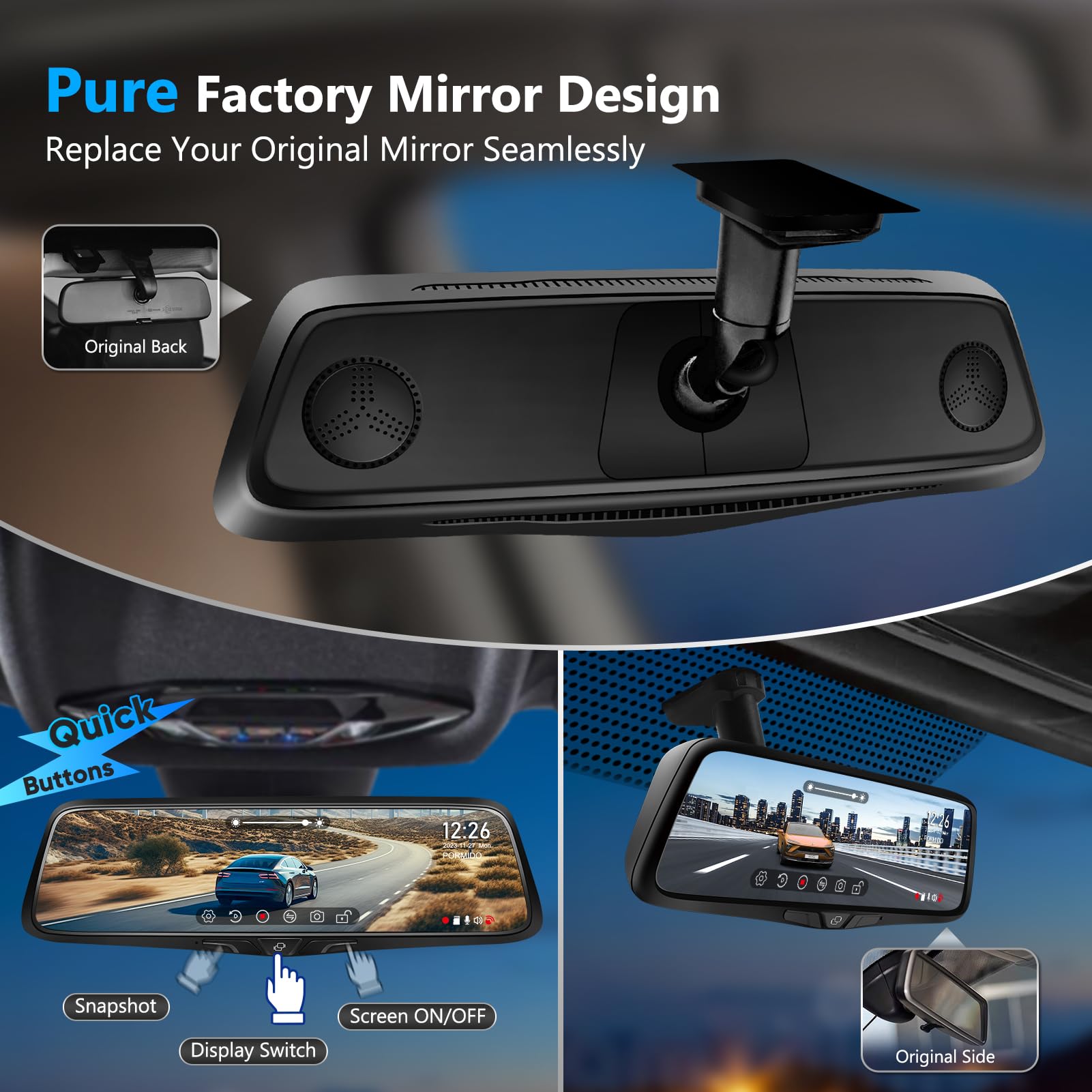 Pormido Oem 2K Rear View Mirror Camera,10' Mirror Dash Cam With Detached Front Backup Camera, Smart Full Touchscreen Rearview Wdr Dashcam With Built In Gps,64Gb Card,Parking Monitor,Night Vision