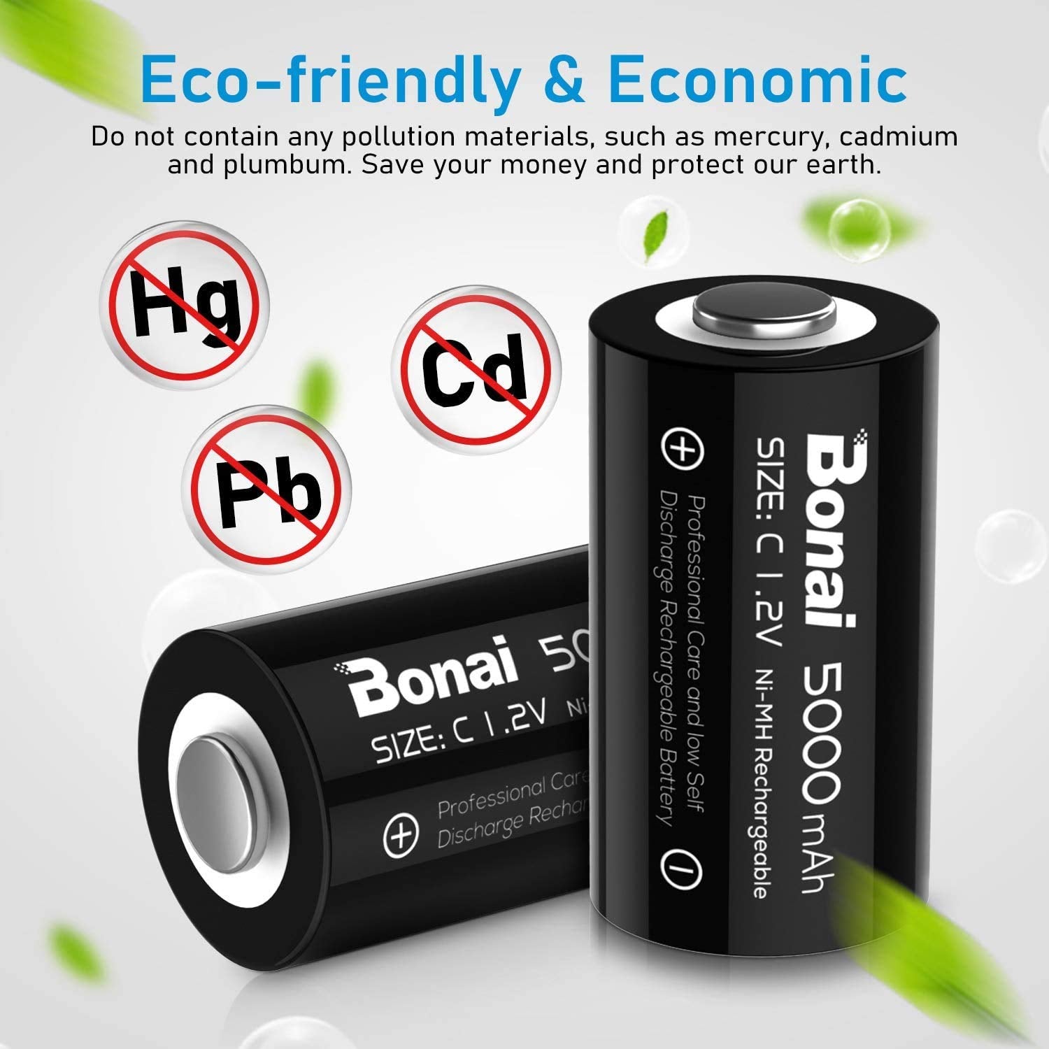 Bonai Rechargeable C Batteries 5,000Mah 1.2V Ni Mh High Capacity High Rate C Size Battery C Cell Rechargeable Batteries (8 Pack)
