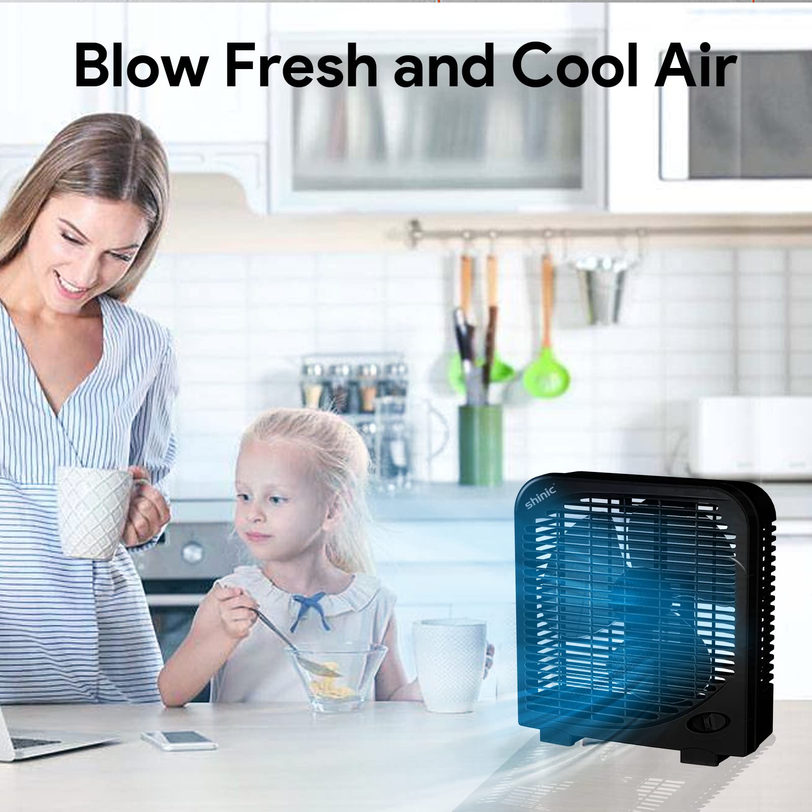 Shinic 10'' Tabletop Box Fan For Bedroom, 2 Speeds, Quiet Table Fan With Strong Airflow, Energy Efficient Small Box Fan, Portabl