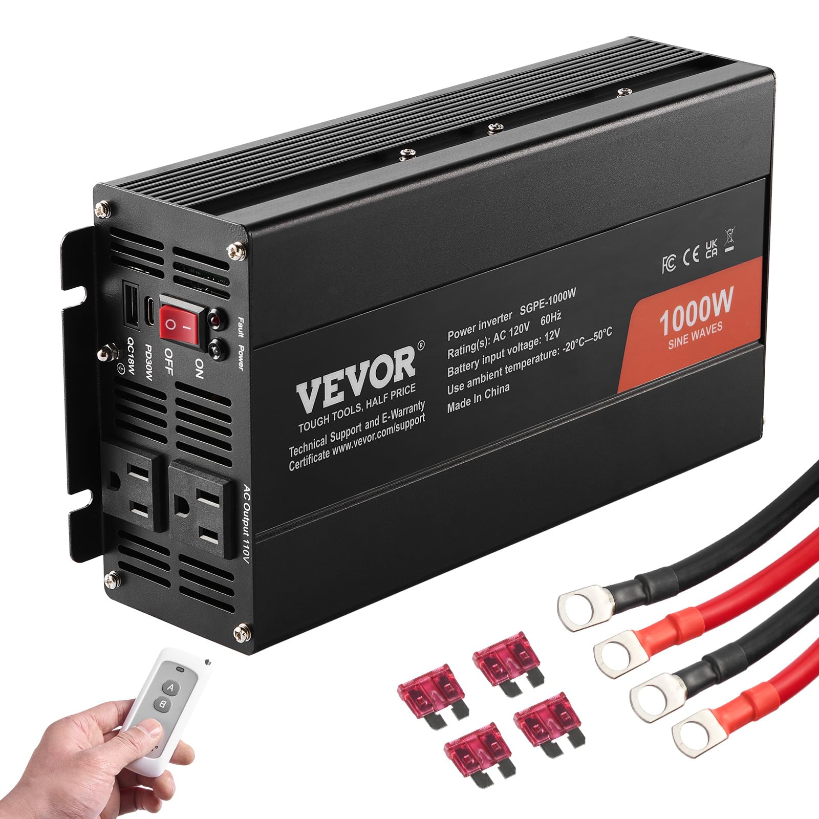 VEVOR 1000W Pure Sine Wave Inverter, DC 12V to AC 120V Power Inverter with 2 AC Outlets 1 USB Port 1 Type-C Port, Remote Control