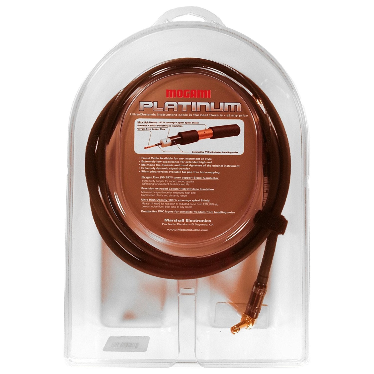 Mogami Platinum Guitar 06R Instrument Cable, Gold 1/4'' Ts Right Angle To Straight Plug, 6 Ft.