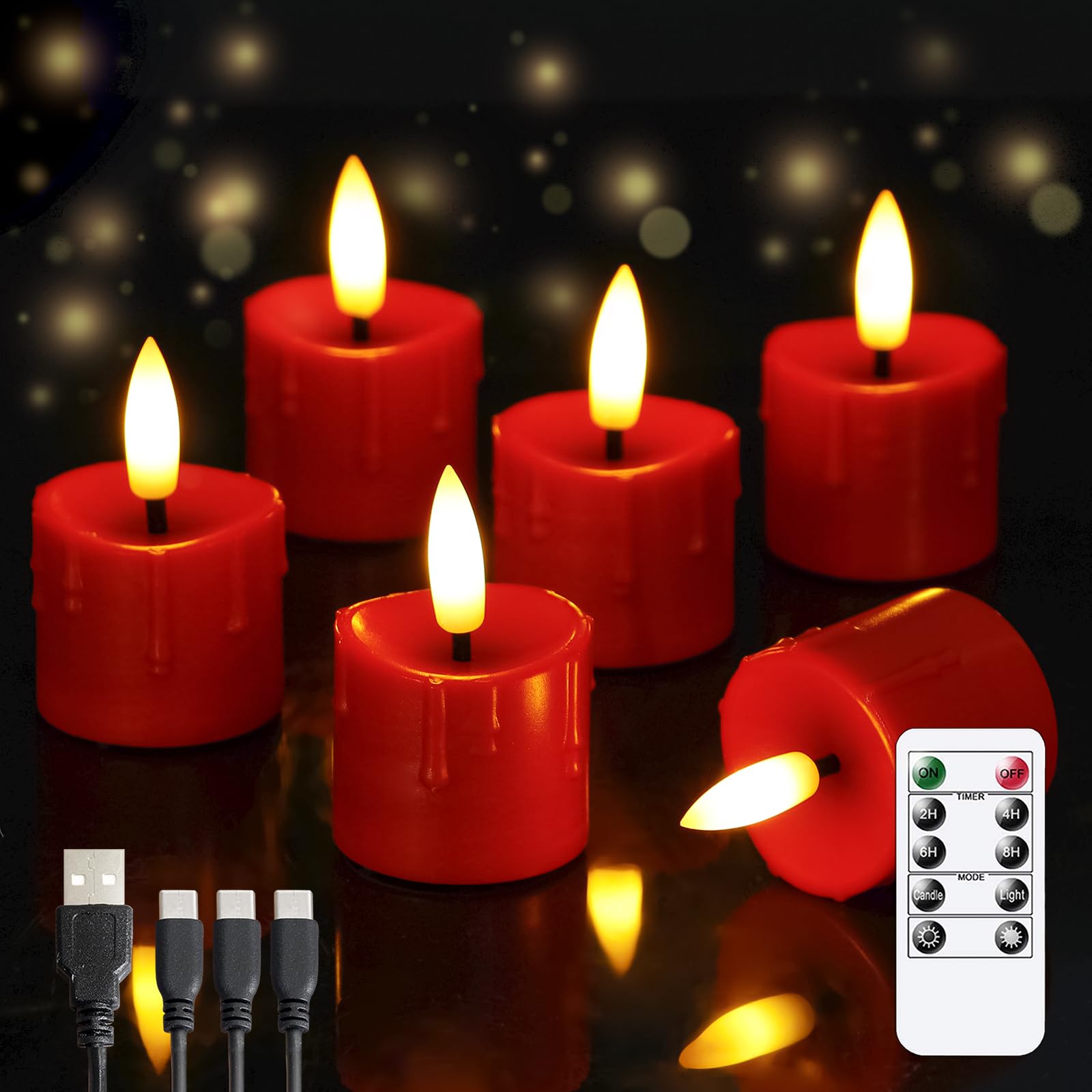 Yeelida Rechargeable Flameless 1.6'' X2.5'' Tea Light Candles With Remote & Type C Charging Cable, Timer Led Flickering Burgundy