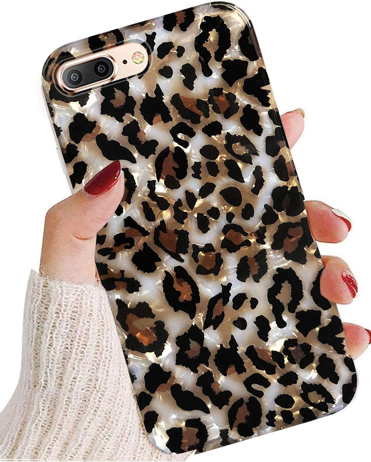 J.West Iphone 8 Plus/Iphone 7 Plus 5.5 Inch Case, Luxury Sparkle Translucent Clear Leopard Cheetah Print Pearly Design Soft Sili