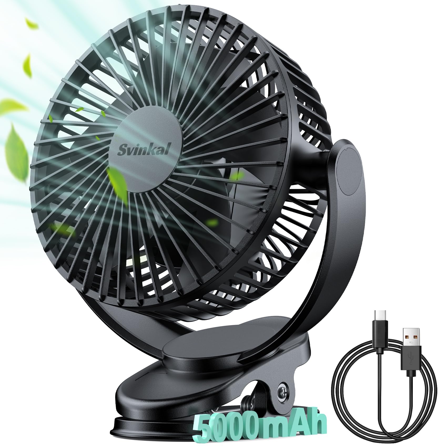 Svinkal Clip On Fan, 5000Mah Usb Charging Portable Battery Fans, 6Inch Quiet Usb Personal Desk Fan, 3 Speeds, 720?Angle Adjustme