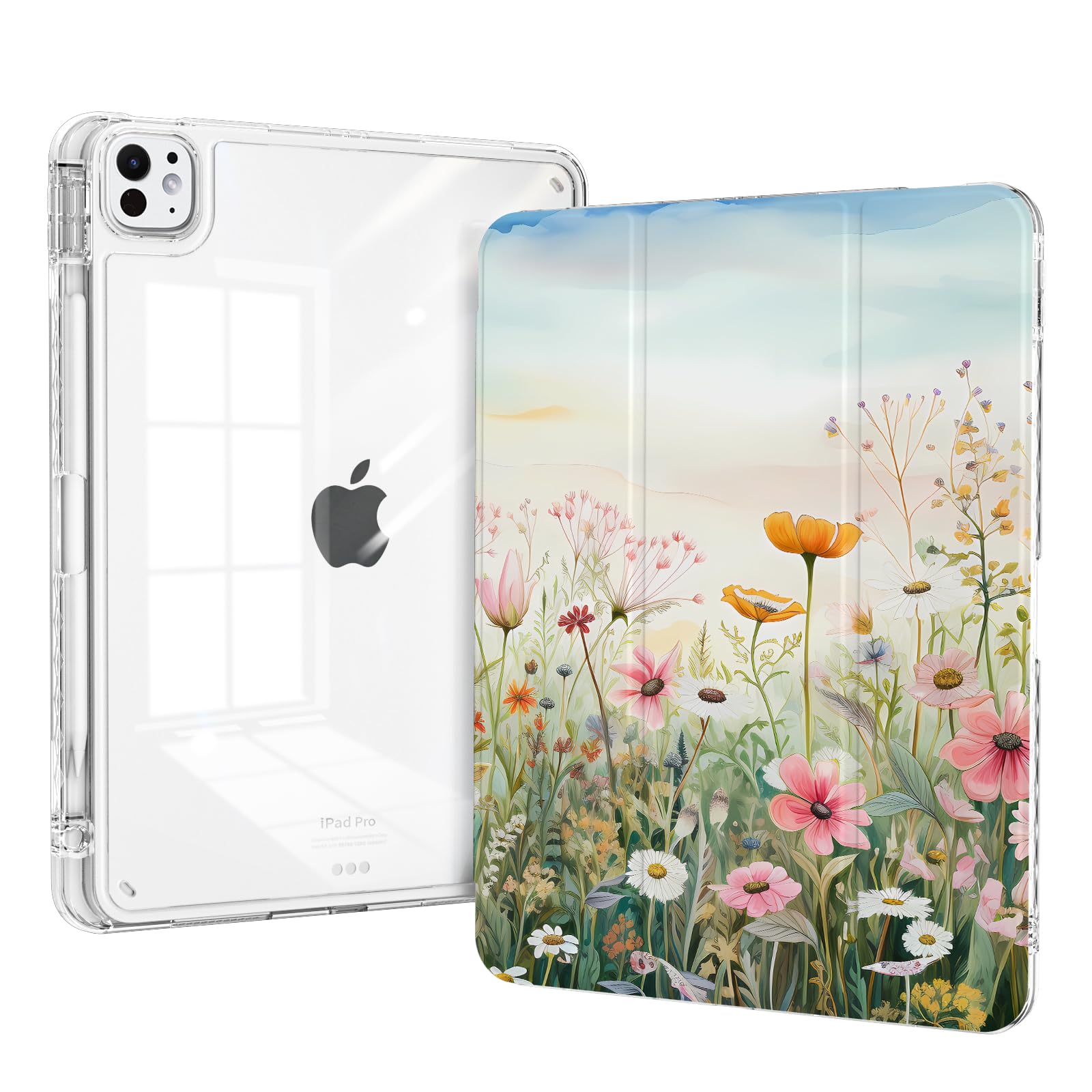 Piznernico Case For Ipad Pro 11 Inch M4 (2024, 5Th Generation) With Pencil Holder, Trifold Stand, Transparent Clear Back Cover,