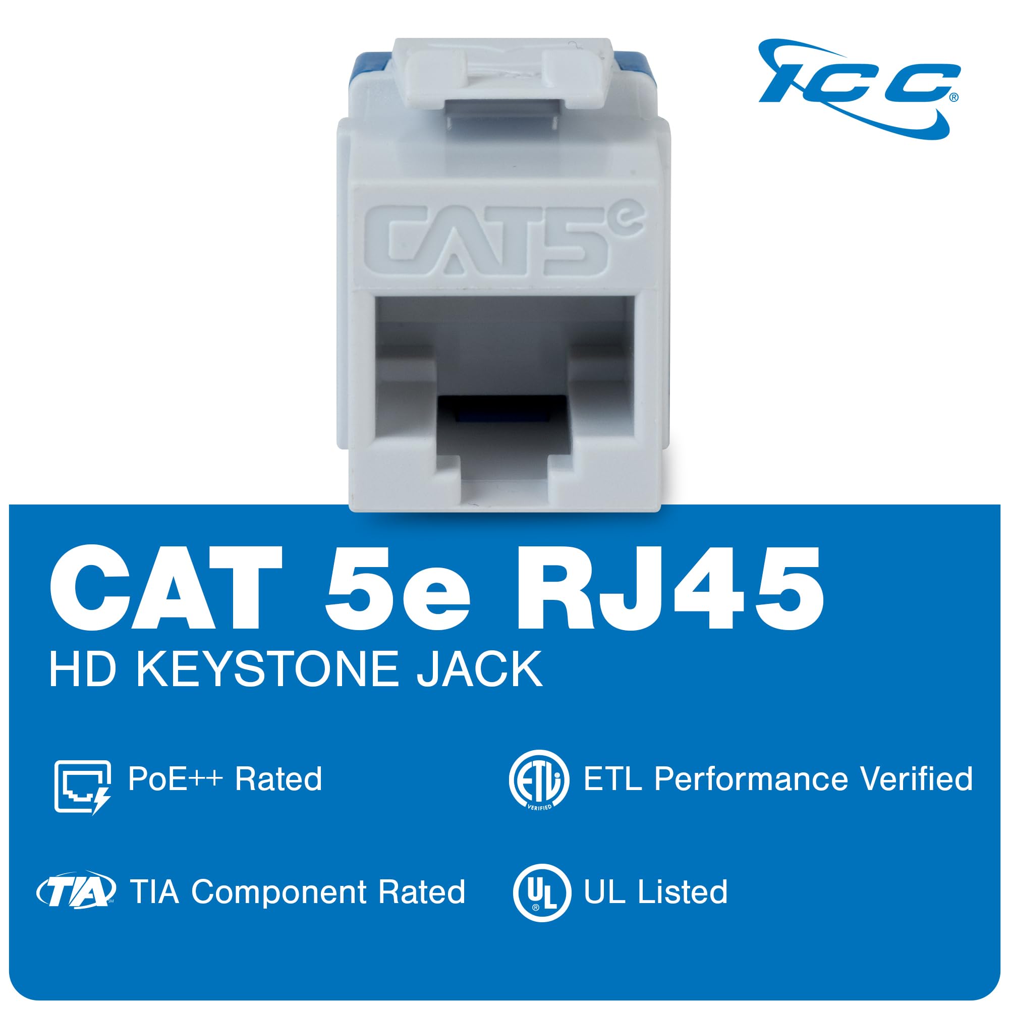ICC CAT5e Keystone Jack with Slim Profile 180 Degree Punch Down, RJ45 UL Listed PoE++ TAA VoIP Compliant for Wall Plate or Patch Panel, Works with JackEasy Termination Tool, Black