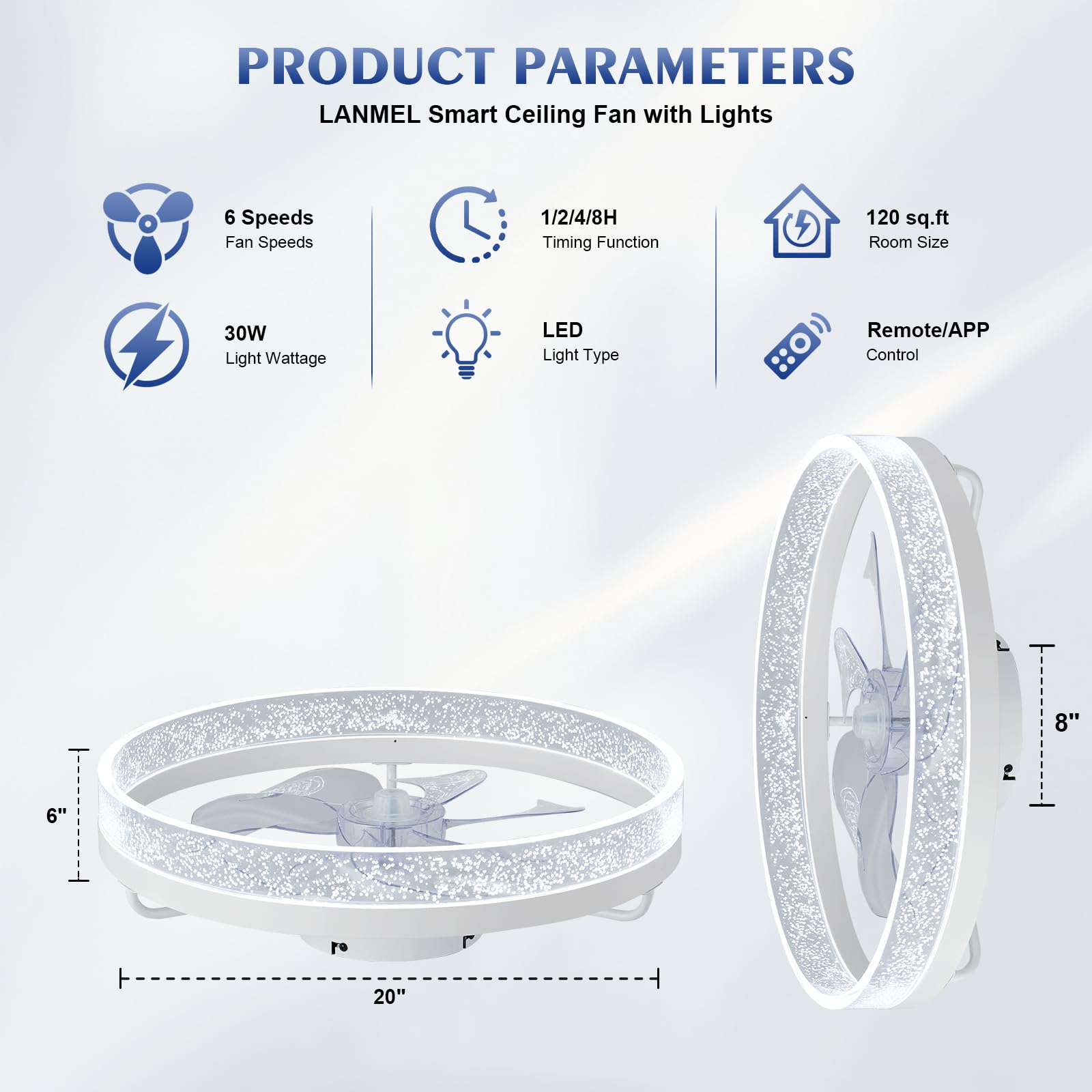 Lanmel Modern Ceiling Fans With Lights And Remote,20'' Low Profile Ceiling Fan With Light,7 Blades Flush Mount Ceiling Fan With