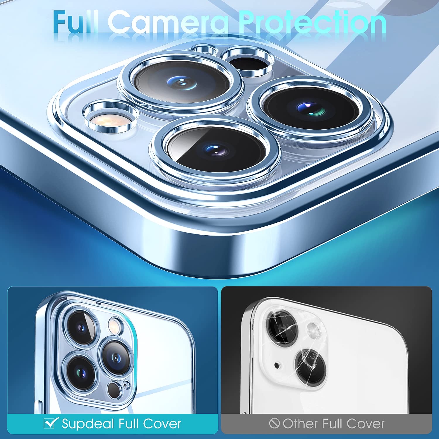 Supdeal Crystal Clear Phone Case iPhone 13 Pro Military Drop Tested Anti-Yellowing Camera Protection Silicone Blue 6.1 inch