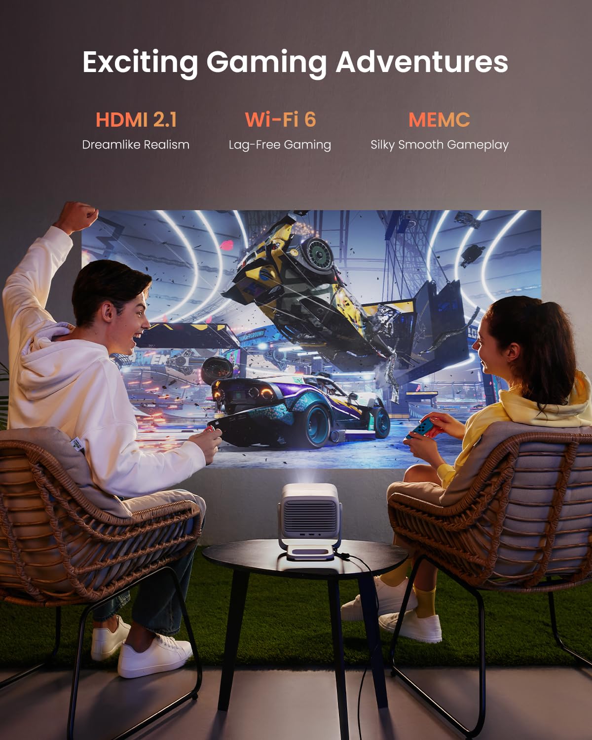 JmGO N1 Portable 1080P FHD Projector, 150" Triple Laser, 800 Lumens, Android TV 11, 7.3" x 6.5