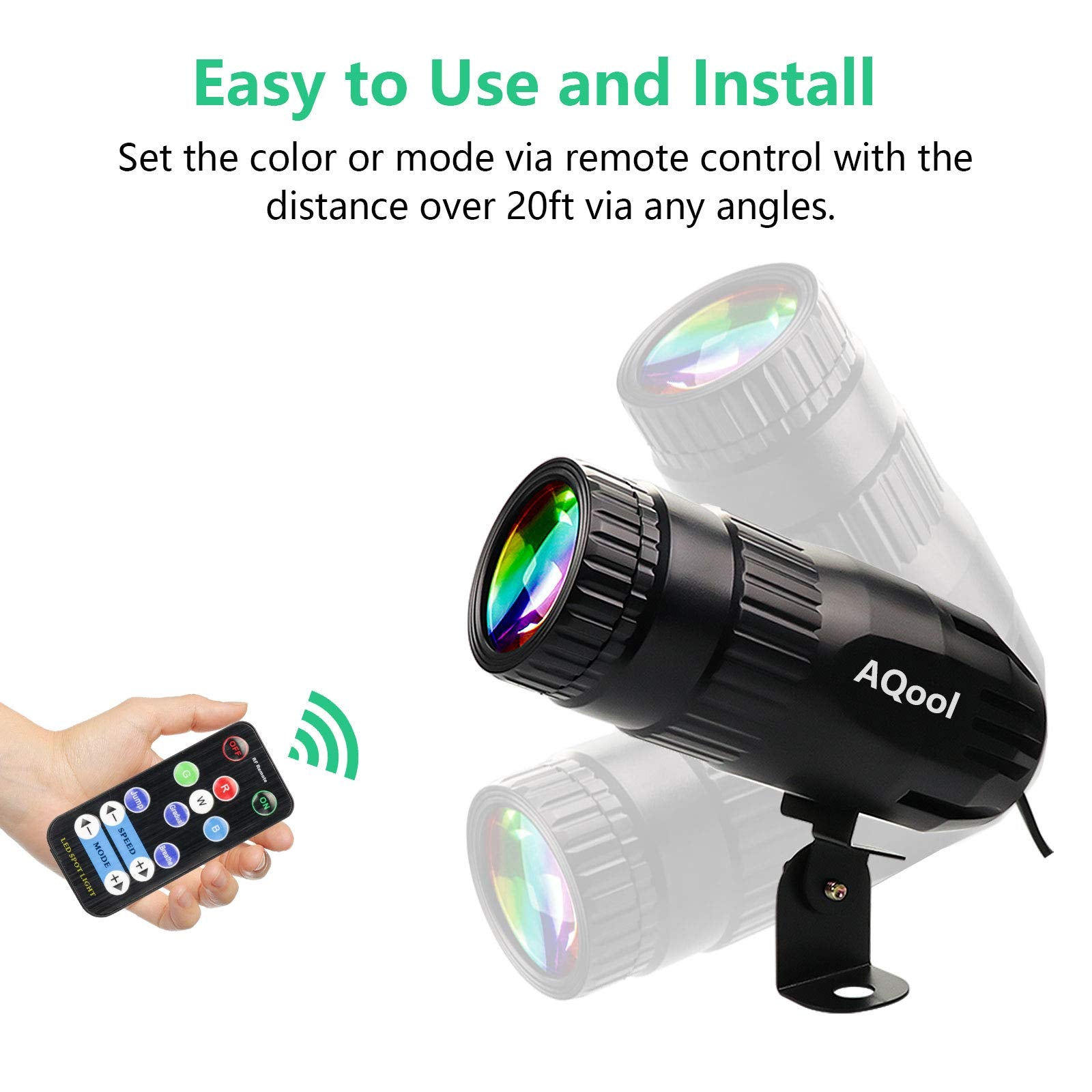 AQOOL Pinspot Light - Mini 15W RGBW LED Beam Spotlight, Remote Control, Green, Model VES600 for DJ, Disco, Dance Parties, Weddings