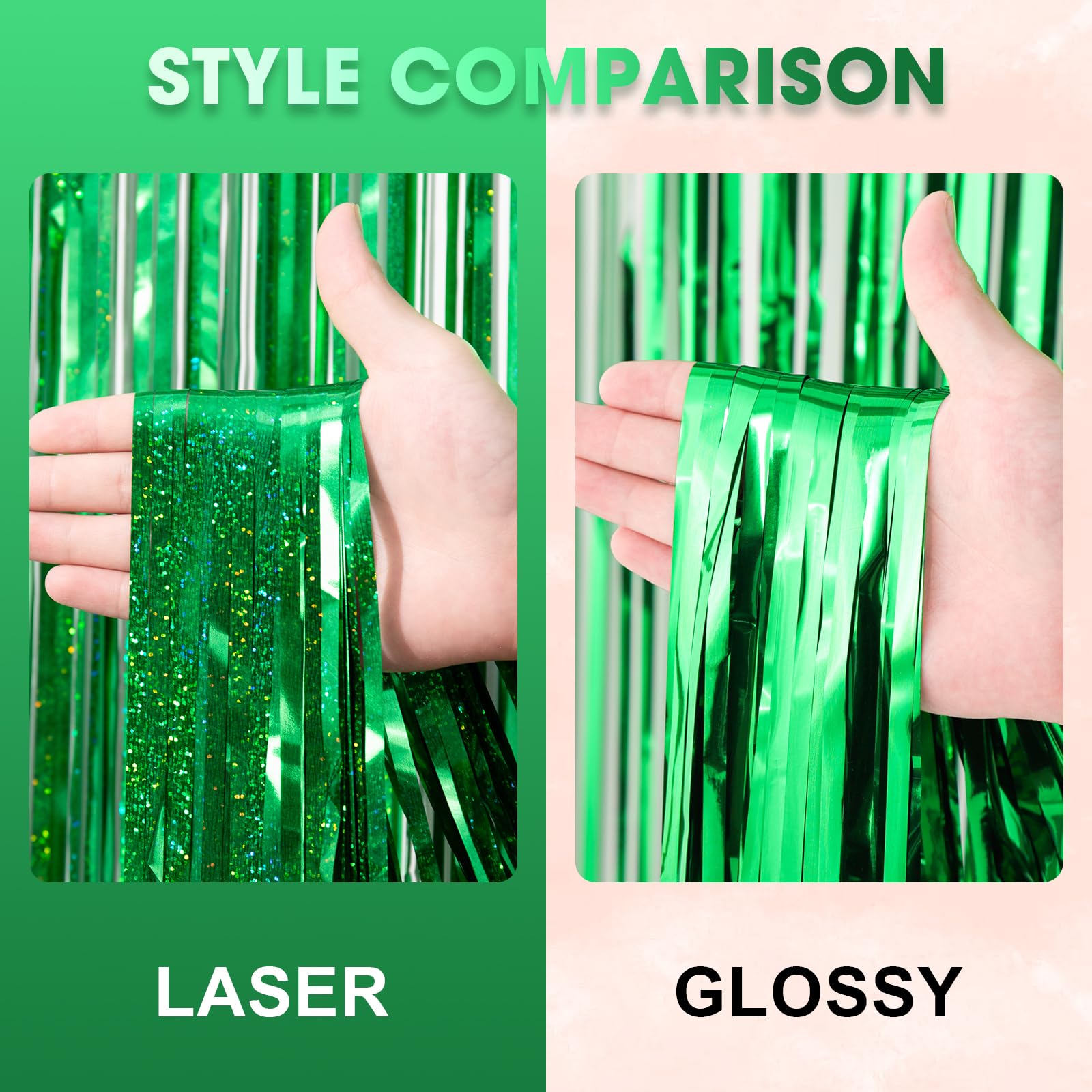 Voircoloria 2 Pack Laser Green Tinsel Foil Fringe Curtains, Green Party Decorations, Metallic Tinsel Party Streamers Backdrop Fo
