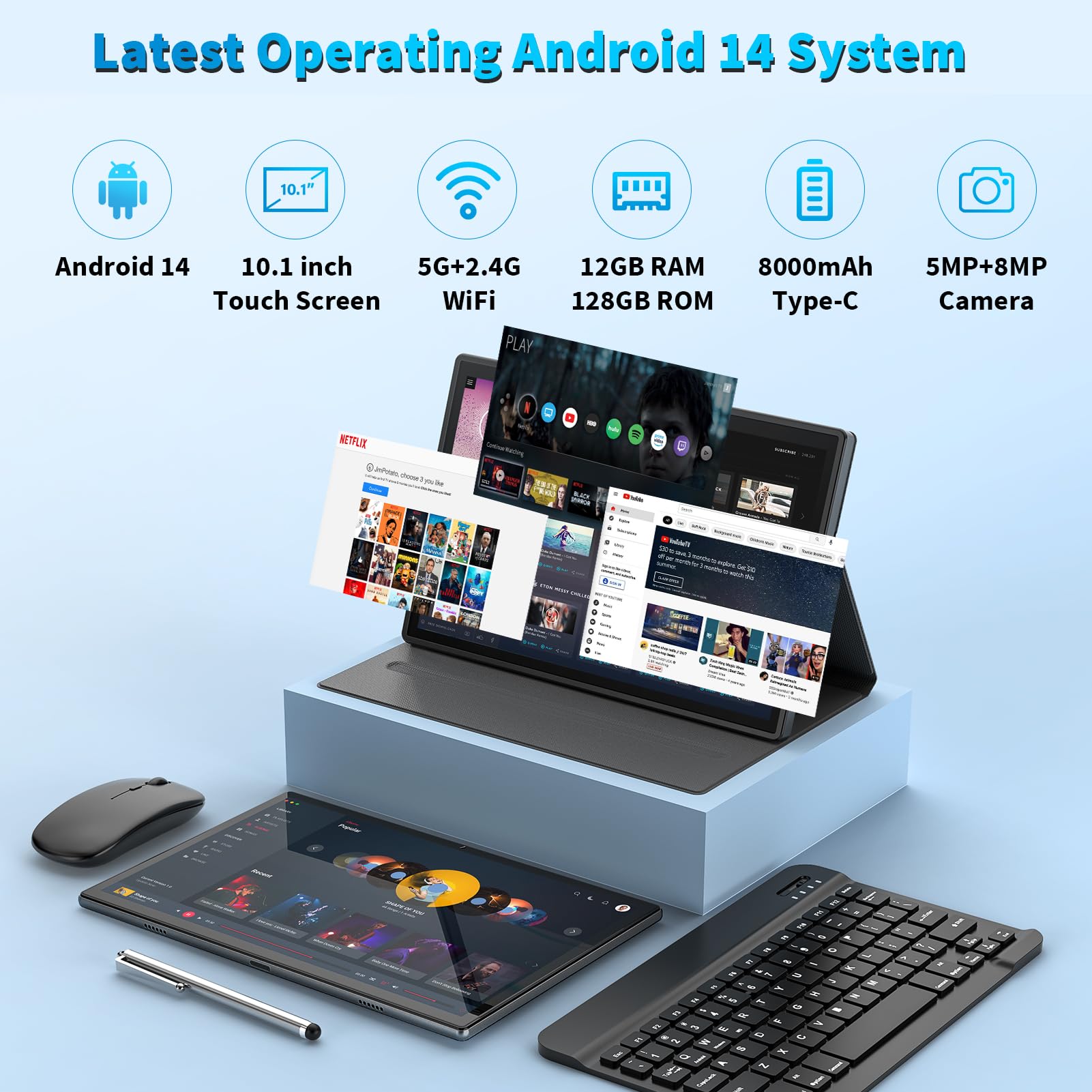 Yleebg Android Tablet With Keyboard,10 Inch Android 14 Tablet, 12Gb Ram 128Gb Rom, 1Tb Expand, 8000Mah, 2.4G/5G Wifi, Bluetooth,