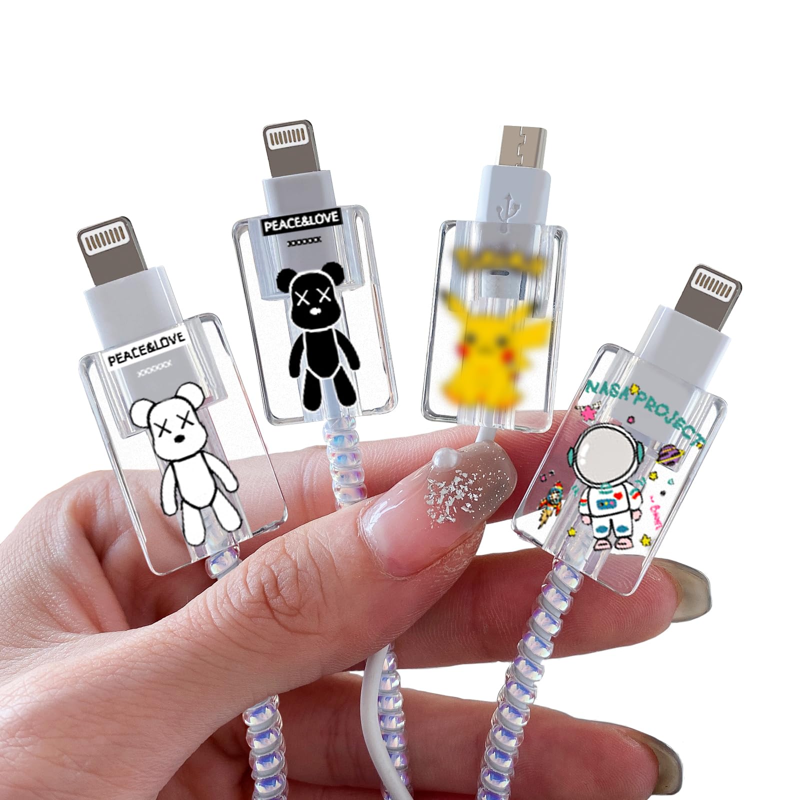 Cute Cable Protector For Iphone Charger,Kawaii Astronaut,Teddy Bear Anime Lovely Pattern 4 Pcs Usb Cable Protector For Girls Boy