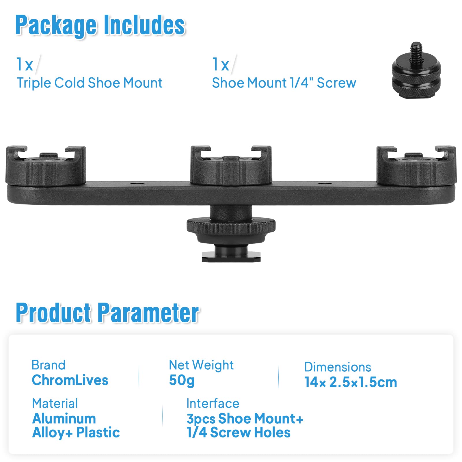 Chromlives Cold Shoe Mount Triple Shoe Mount Extension Bar Hot Shoe Adapter Camera Bracket With 1/4 Screw For Tripod/Microphone/