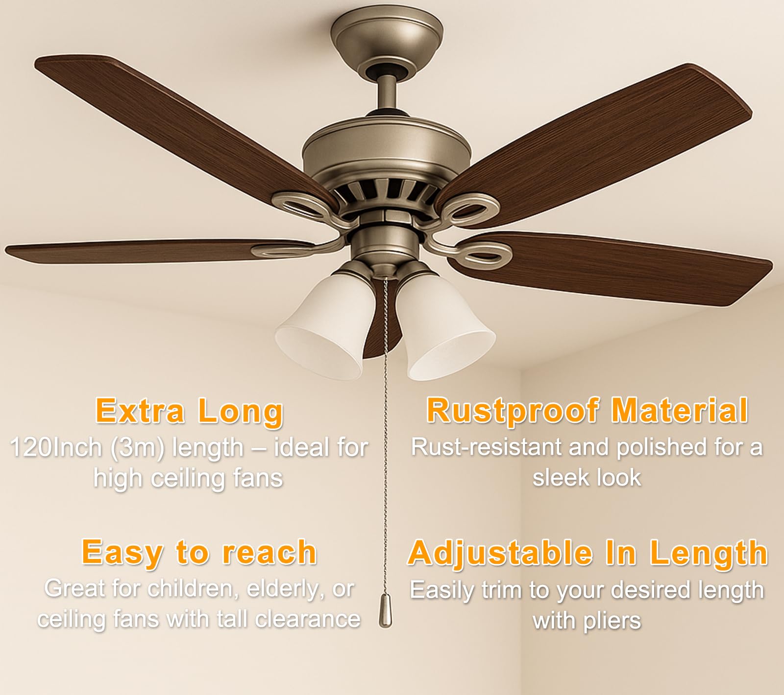 Dlhmboq 120'' Ceiling Fan Pull Chain Extender - Stainless Steel Ball Chain With 12 Connectors, Adjustable Length For Fan/Light F