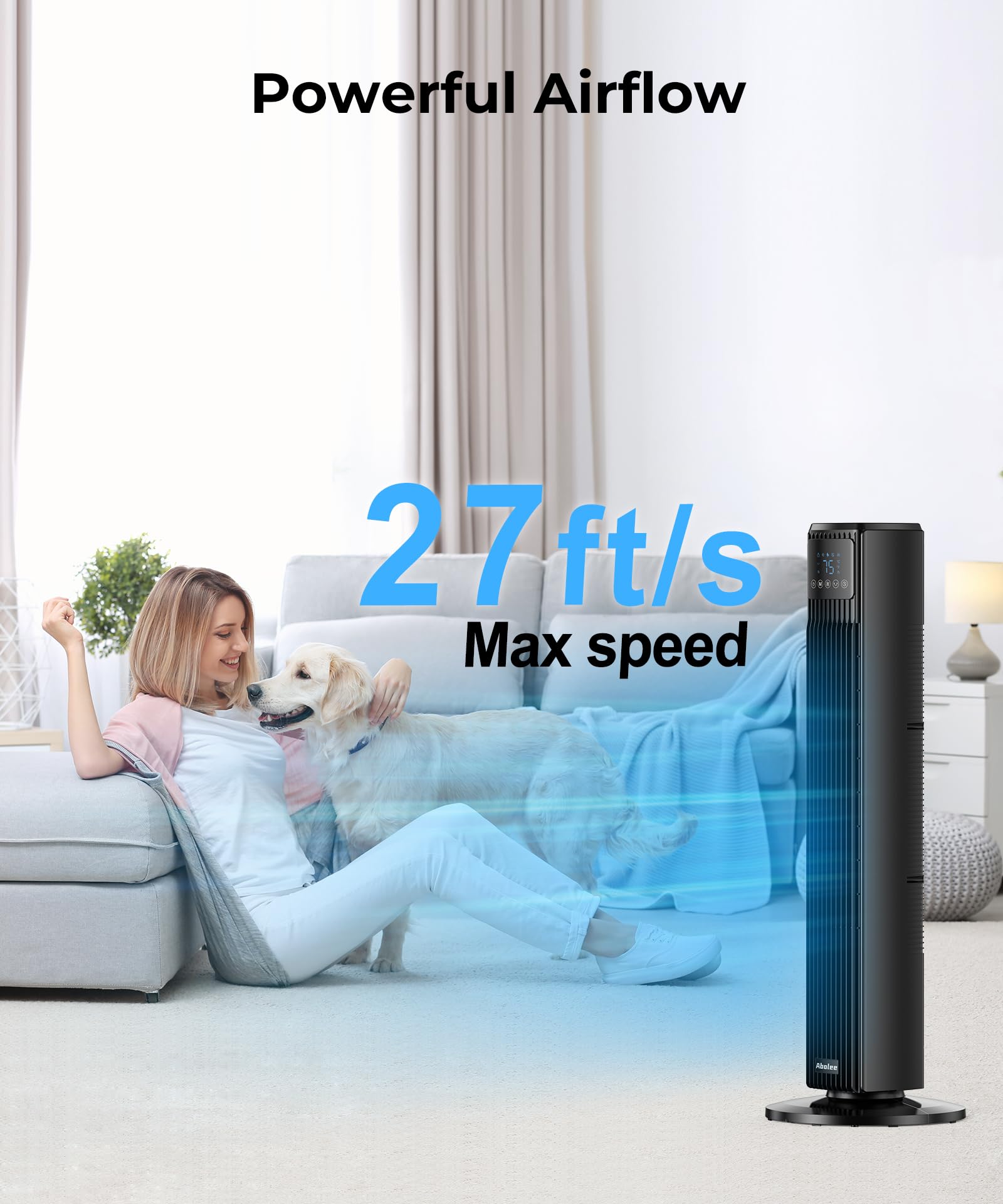 Abolee Tower Fan For Bedroom, Quiet Floor Fan With Remote, 90 Oscillating Fans With 4 Speeds, 4 Modes, 27Ft/S Velocity, 12H Time