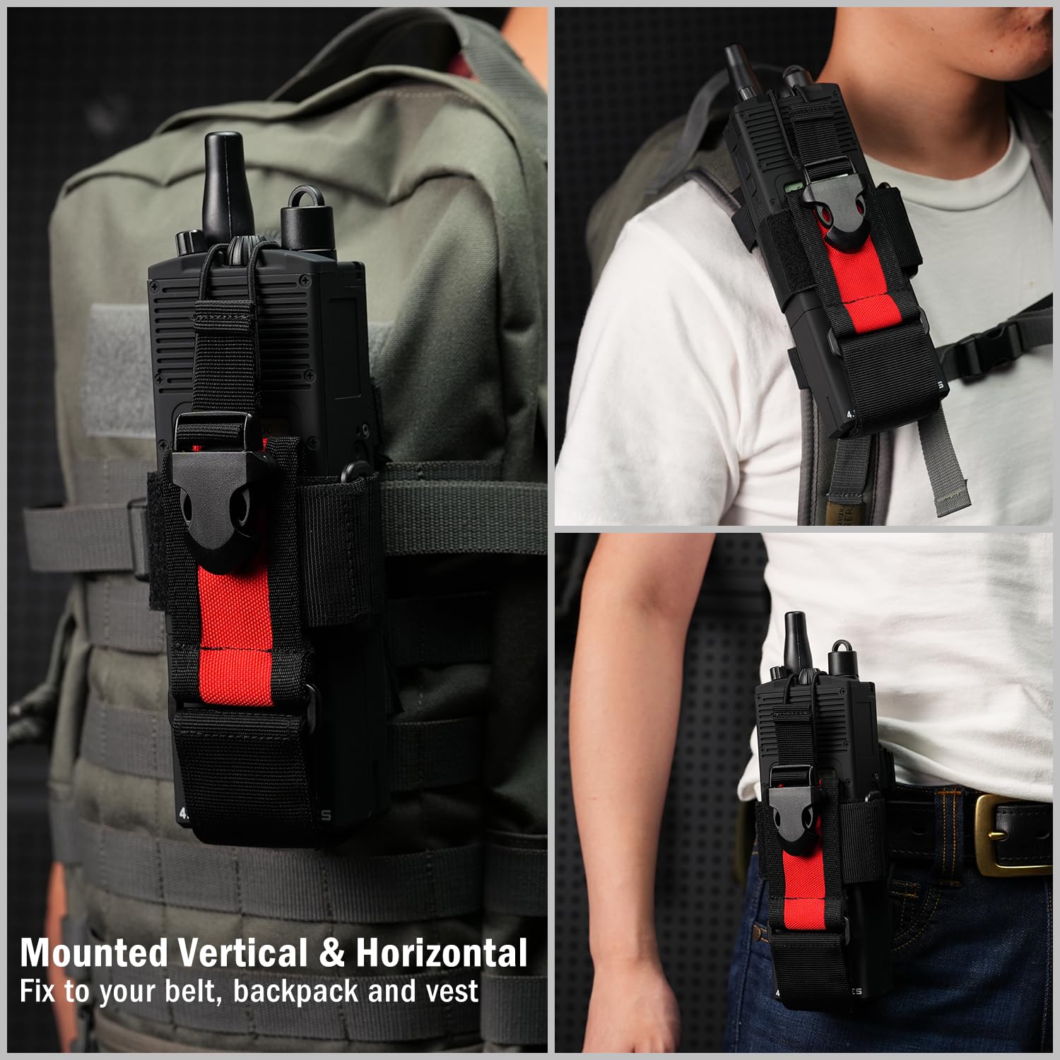 Viperade Radio Holster, Molle Radio Pouch For Vest, Universal Walkie Talkie Holster Radio Holder For Duty Belt, Police Radio Holder Tactical Radio Pouch For Baofeng, Motorola (Black+Red)
