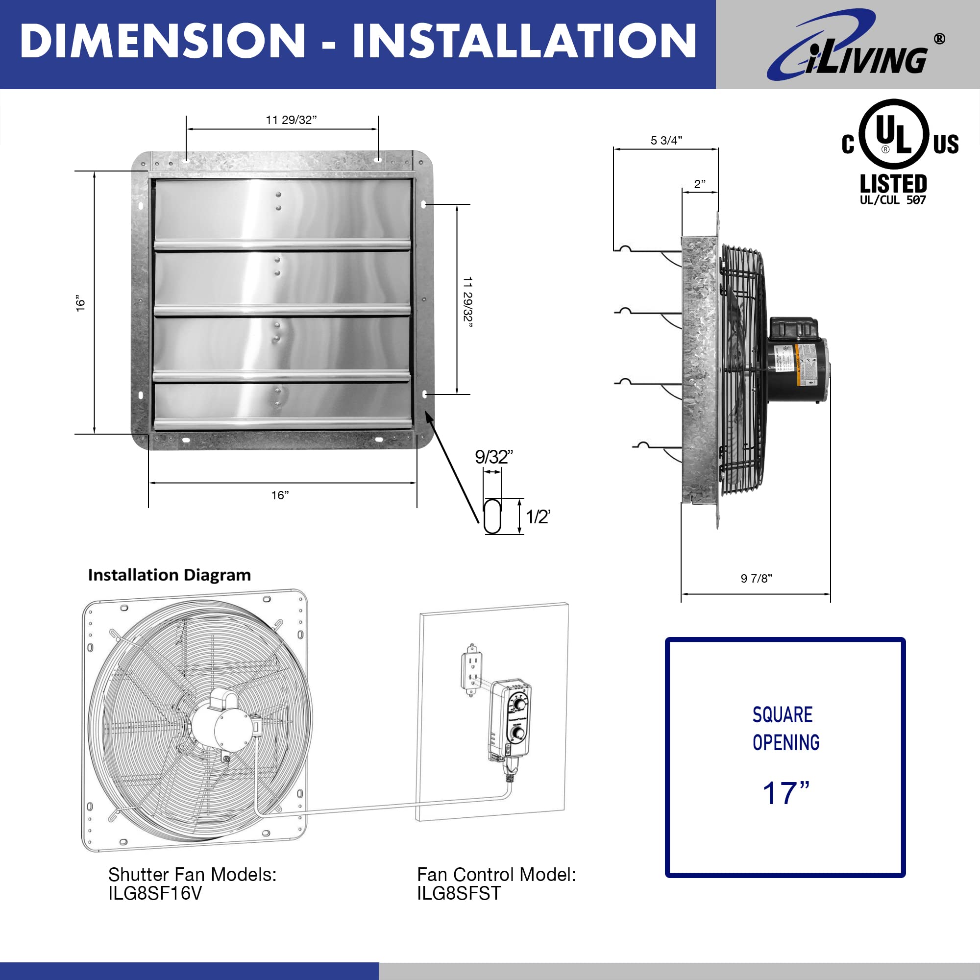 Iliving 16'' Wall Mounted Shutter Exhaust Fan, Automatic Shutter, With Thermostat And Variable Speed Controller, 0.85A, 1200 Cfm