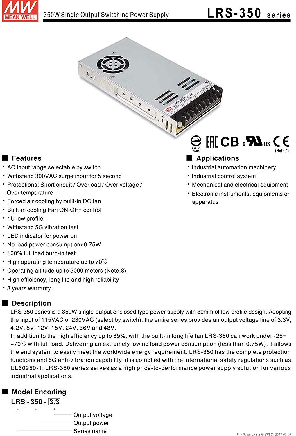 Mean Well Lrs 350 12 348W 12V 29 Amp Single Output Switchable Power Supply