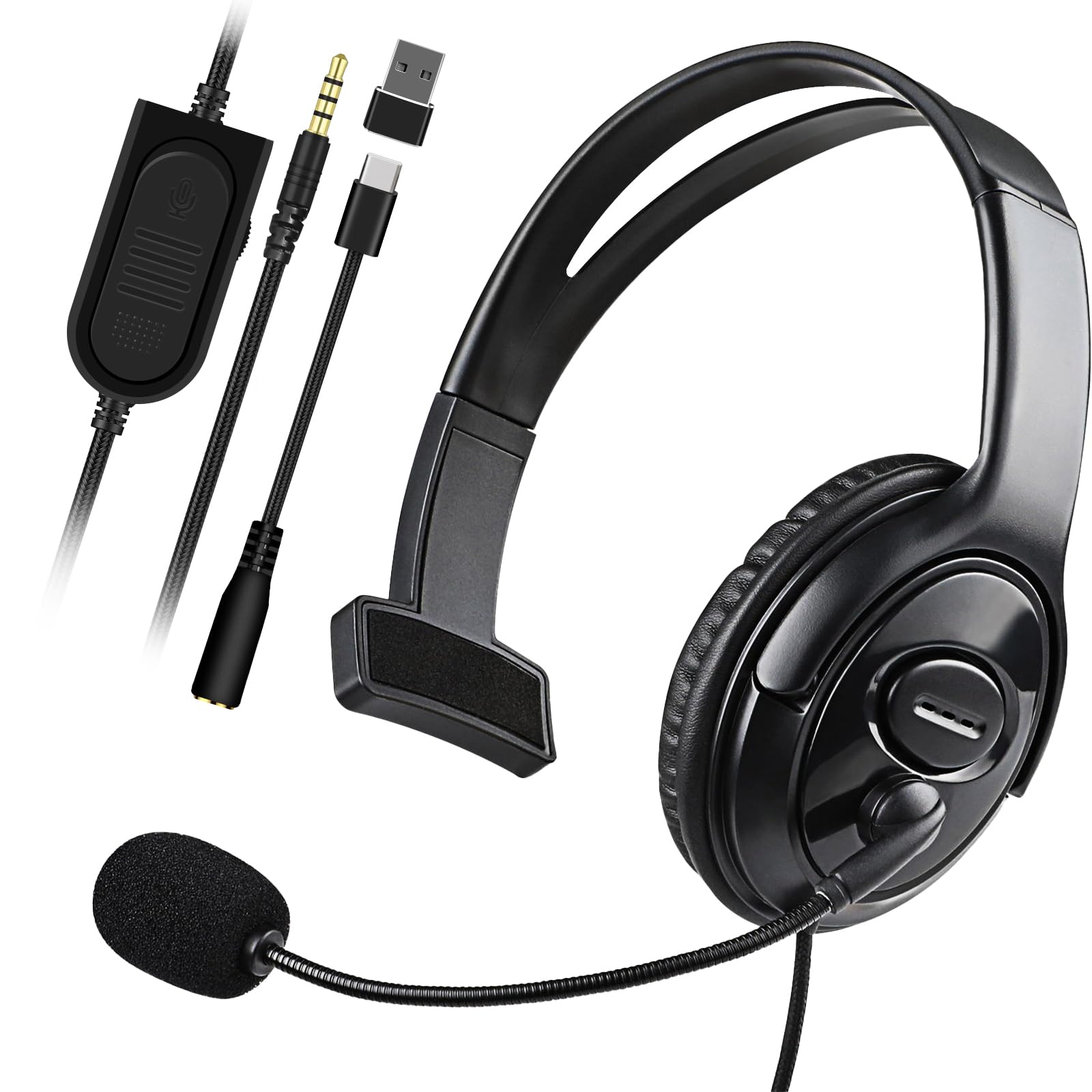 Joso One Ear Headset with Mic, Wired Headset for PS5/PS4/Xbox/Switch/PC/iPad/Mac/Tablet with USB C & USB-A Adapter - Chat Headph
