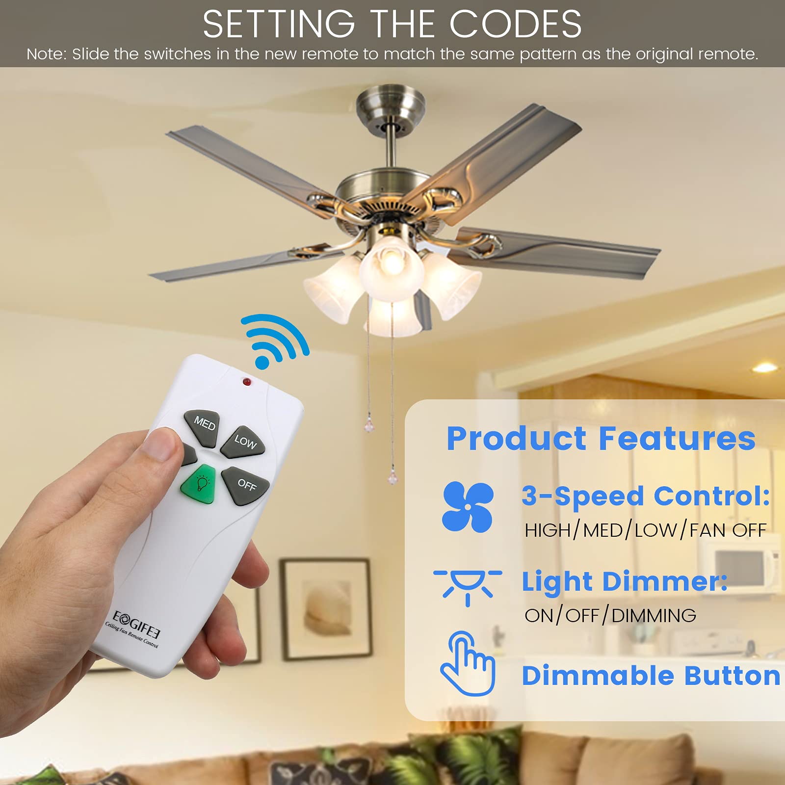 Eogifee 53T Ceiling Fan Remote Control Adjustable 3 Speed,Light Dimmer Control Replacement Of Hampton Bay Harbor Breeze Hunter K