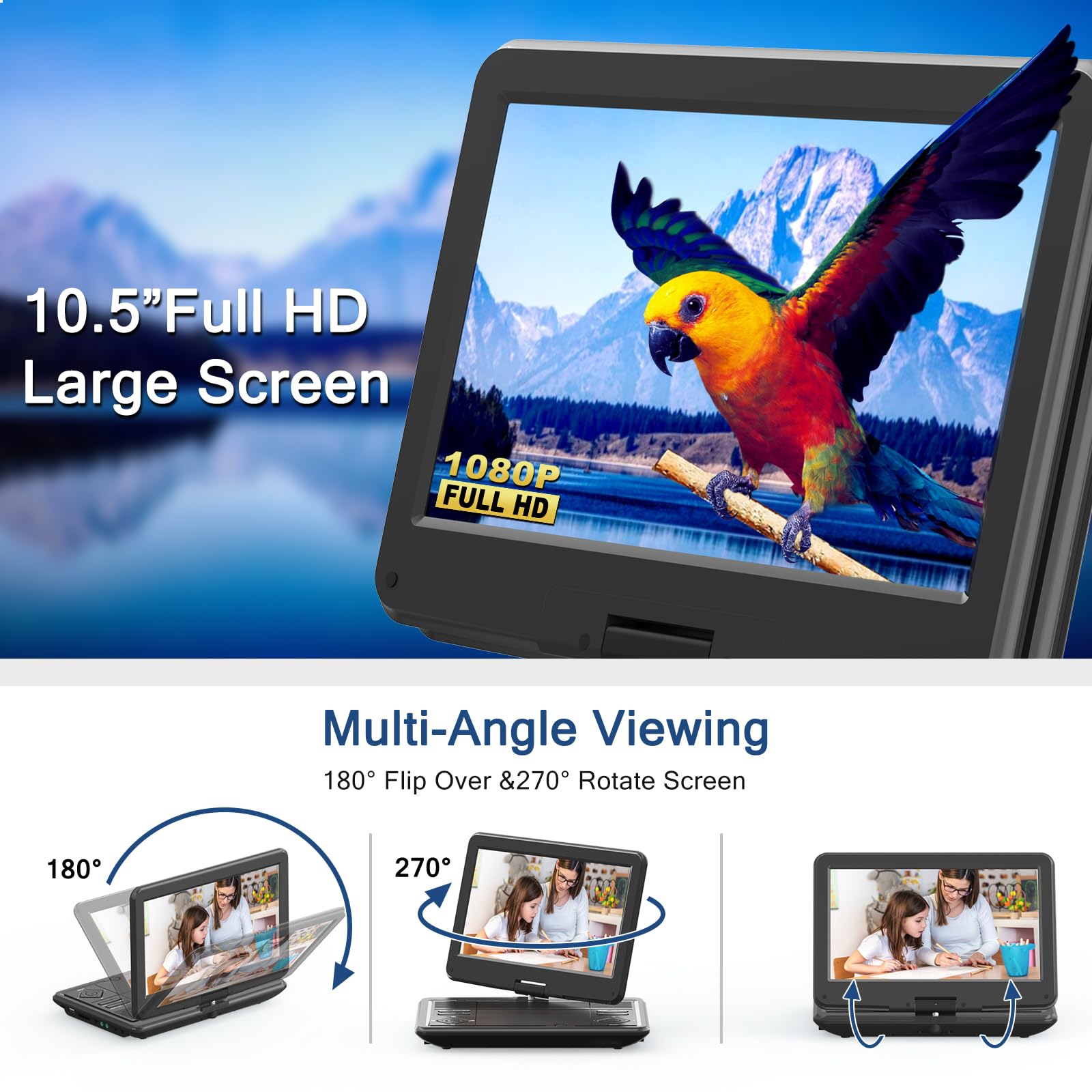 Sqqbzz 12.5    Portable Dvd Player With 10.5    Large Hd Screen, 4-6 Hours Rechargeable Battery, Dual Speakers, Region Free, Rem