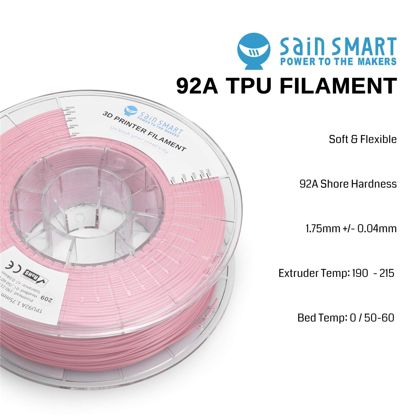 Sainsmart Tpu 1.75Mm 92A Flexible Tpu 3D Printer Filament, Dimensional Accuracy +/- 0.04 Mm, 1Kg Spool, Soft Pink
