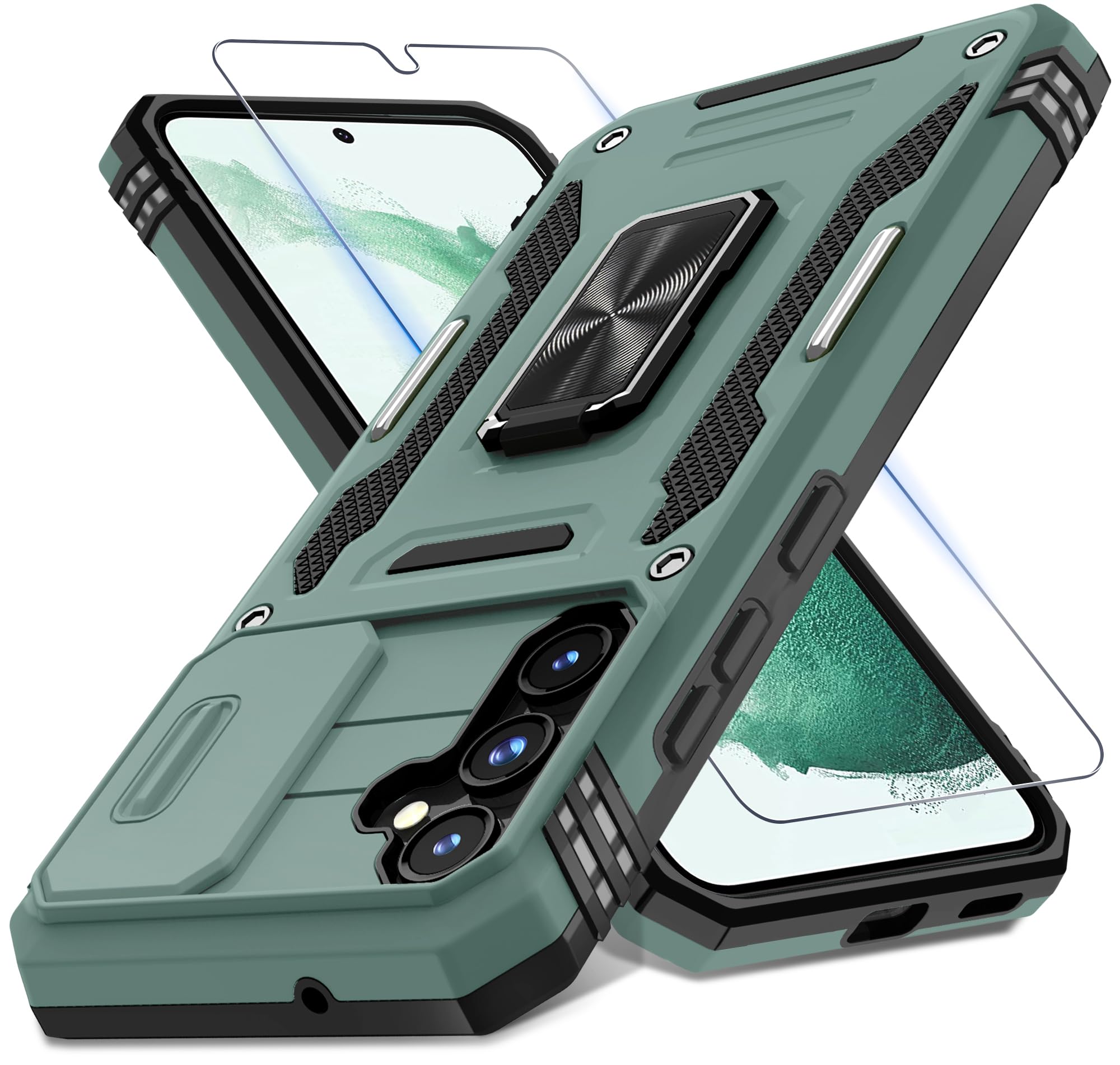 Deerlamn Case For Samsung Galaxy S23 Fe With Slide Camera Cover+Screen Protector(1 Pack),Rotated Ring Kickstand Military Grade S