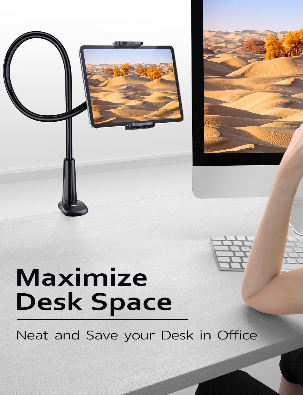 Tryone Gooseneck Tablet Holder Stand For Bed Adjustable Flexible Arm Tablets Mount Clamp On Table Compatible With Ipad Air Mini