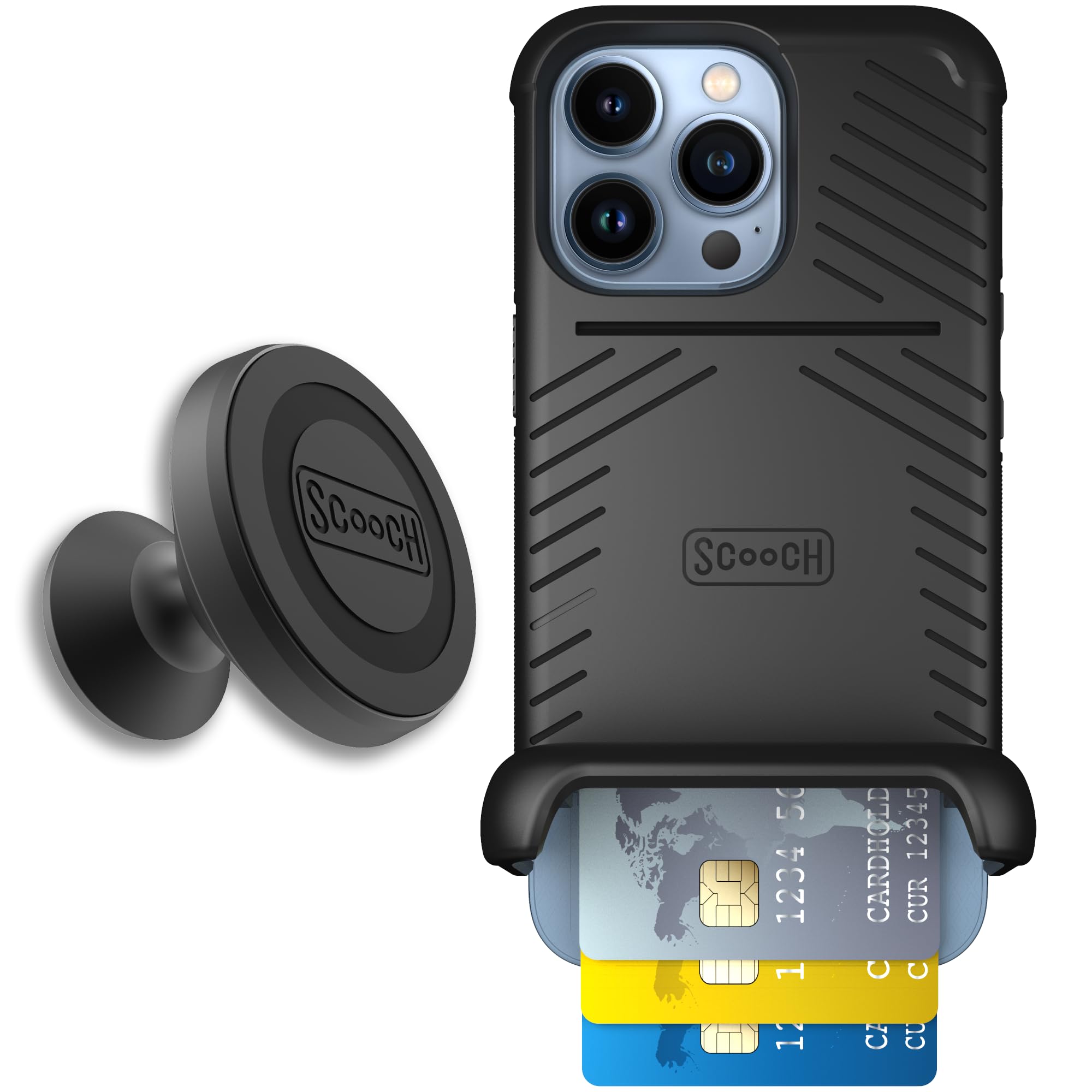 Scooch for iPhone 13 Pro Case with Card Holder, Wingmate Wallet Case Black, Bundled with Wingmount Magnetic Car Mount